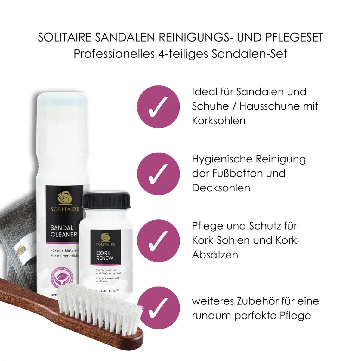 SOLITAIRE Kork-Sandalen Reinigungs- und Pflegeset 4-tlg., Reinigung und Pflege von Sandalen, Hausschuhen und offenen Schuhen mit Korksohlen. Inkl. Sandalen-Reiniger, Korkpflege, Bürste Mikrofasertuch