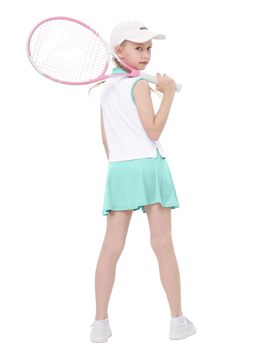 Tennis-/Golfkleid für Kinder, Mädchen, ärmelloses Kleid mit Taschen, athletische Skorts und Polo-Tank-Top-Sets
