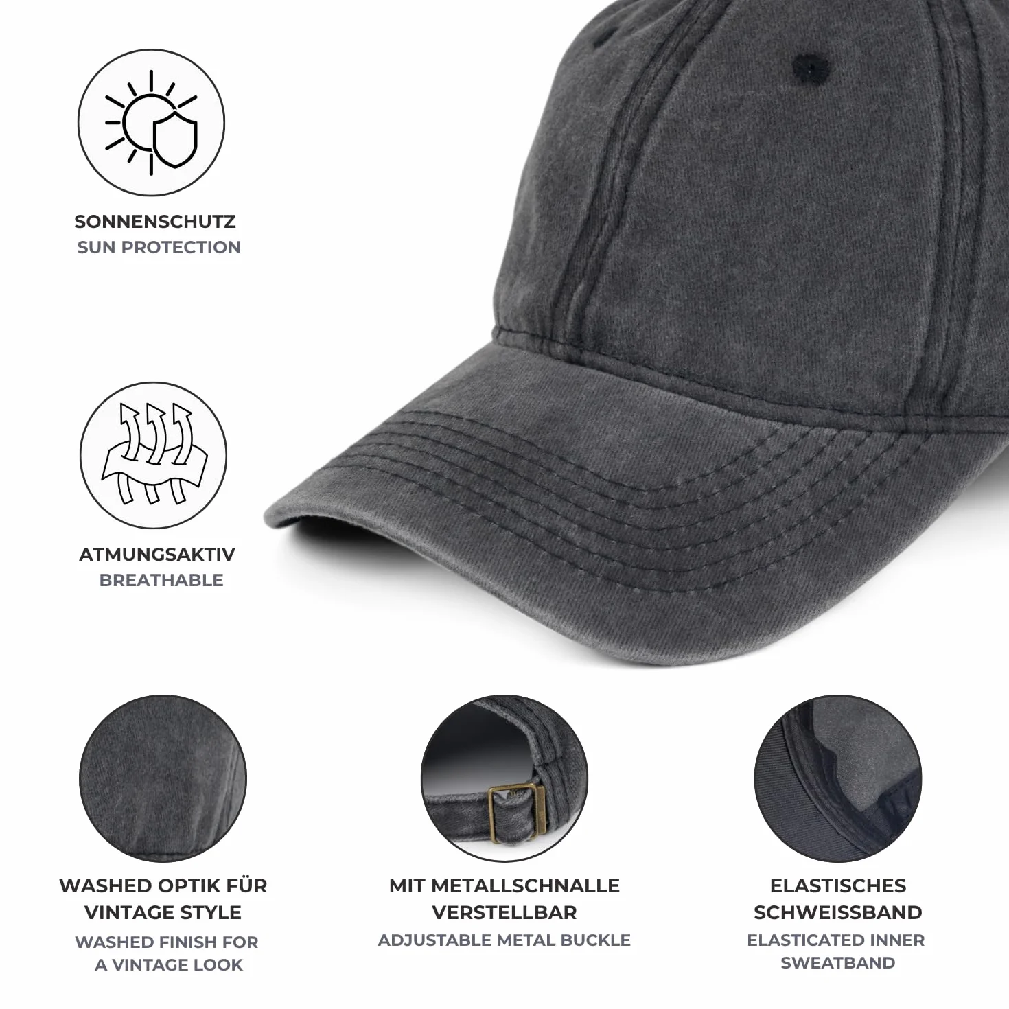 styleBREAKER Unisex Baseball Cap Vintage Baumwolle | Washed Look. Metallschnalle stufenlos verstellbar, Kopfumfang 54-59 cm, 7 cm gebogener Schirm, Schweißband & Luftlöcher.