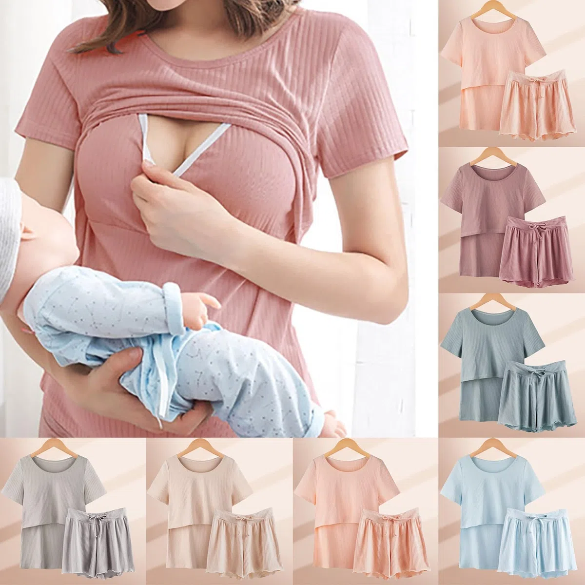 Generisch Still Schlafanzug Damen, Stillpyjama Set Damen Kurz Zweiteiliger Still Pyjama Baby Umstands Kurzarm Stillshirt Shorts Mutterschaft Schlaf Schwangerschaft Stillfunktion Nachtwäsche