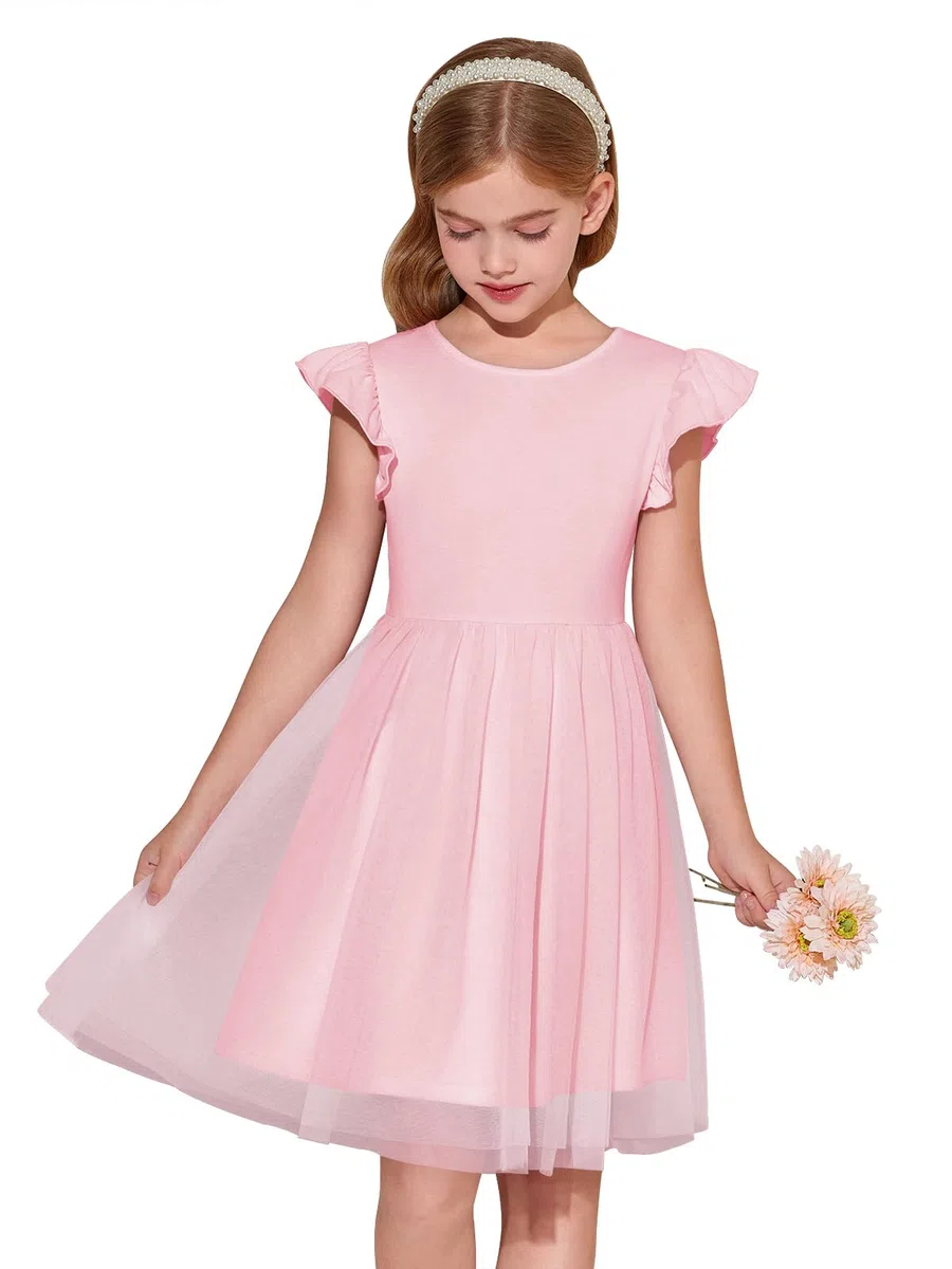 Haloumoning Mädchen Kleider Rüschenärmel Rundhals Einfarbig Sommerkleid A-Linie Prinzessin Tüll Kleid Festlich Geburtstag Hochzeit Party Freizeitkleid