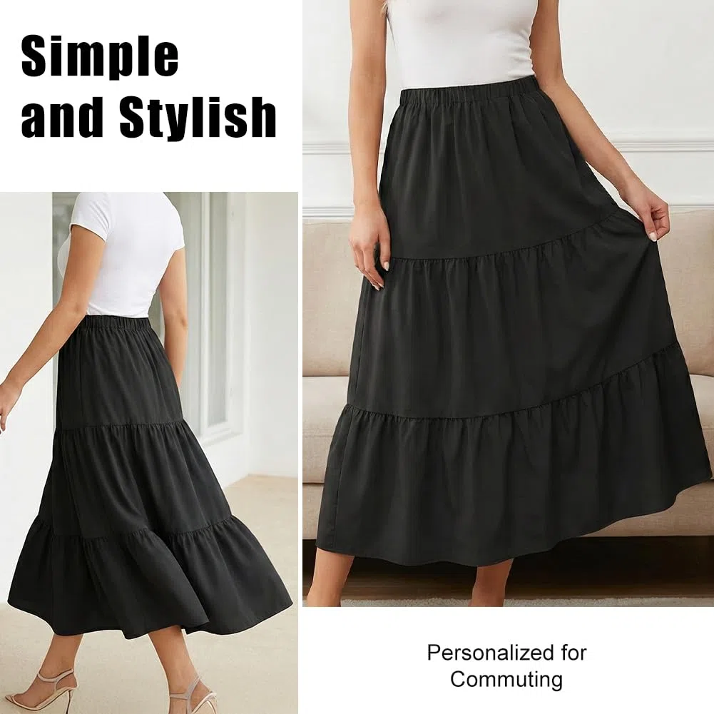 Röcke für Damen mit Taschen - Basic Solid A-Line Elegante Plisseerock Knielang Skater Röcke, Boho Maxirock Casual Elastischer Bund Lang Hohe Sommerrock Langrock, Schwarz