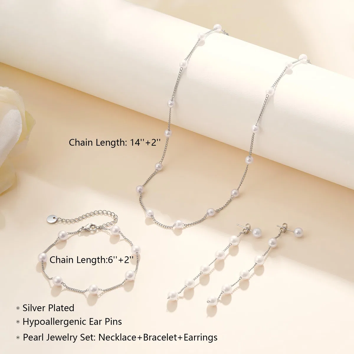 Perlenkette Damen, Wasserfest 18K Gold/Silber Vergoldet Perlenkette und Perlenohrringe Set mit Perlenarmband, Verstellbares Brautschmuck Gold Halskette für Frauen Damen Schmuck