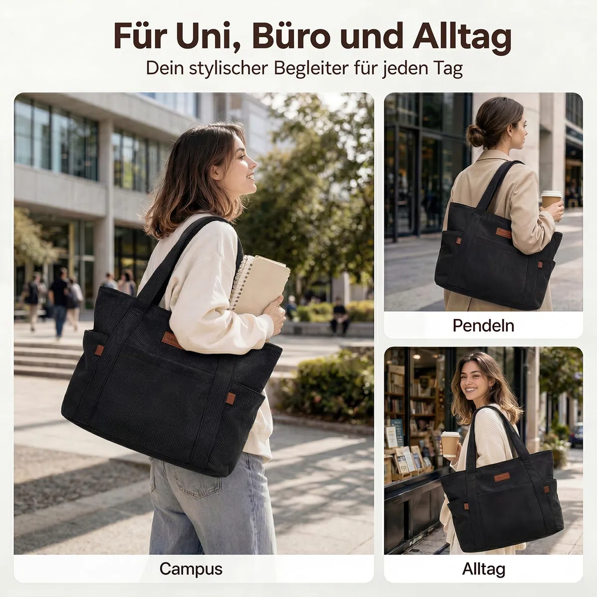 Captain Blues Cord Tasche Damen, Große Tote Bag mit Laptopfach, Shopper Tasche Damen mit Reißverschluss und weichem Baumwollfutter, Strandtasche, Arbeitstasche für Uni, Schule, Lehrer
