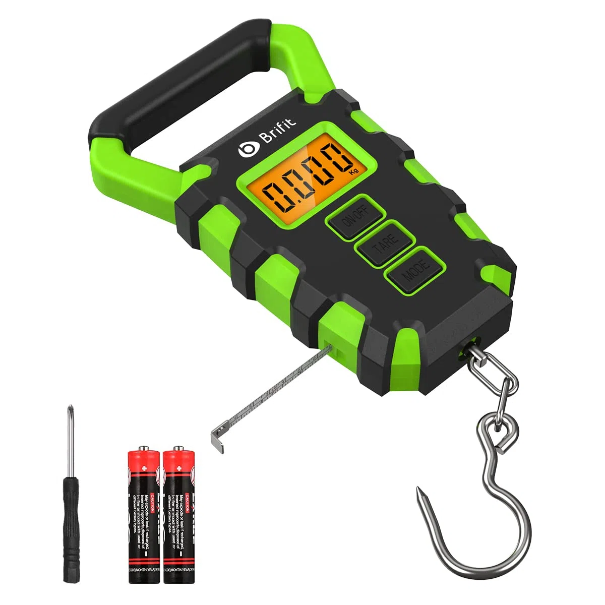 Brifit Digitale Kofferwaage, 50 kg Digitale Fischwaage mit Angelhaken, Gepäckwaage, IPX4 wasserdichte Hängewaage mit Maßband, Hintergrundbeleuchtung LCD-Anzeige, 2 AAA Batterien enthalten (Grün)