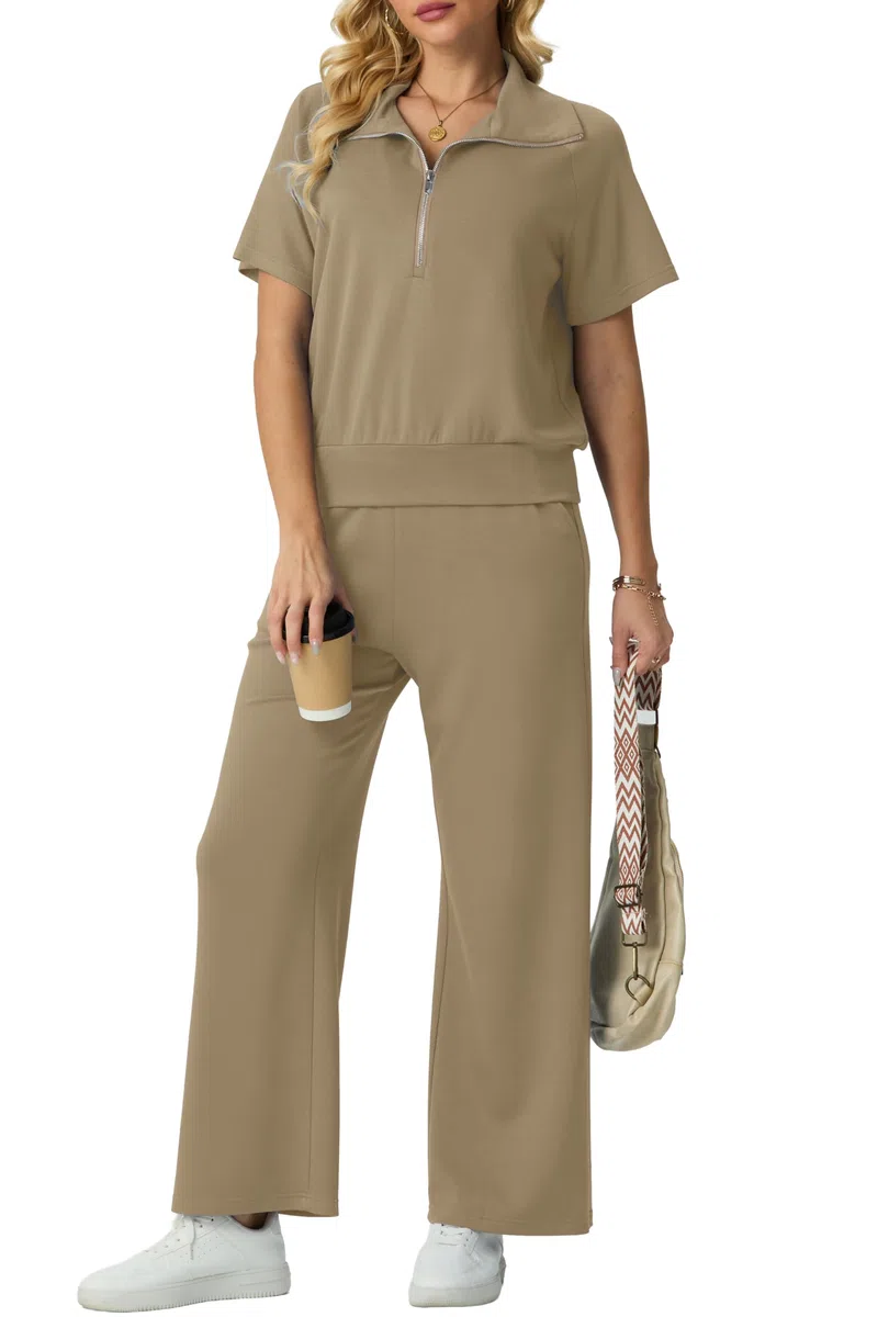 GRECERELLE Jogginganzug Trainingsanzug Damen Sommer Lässige Zweiteiler Outfits Tracksuit Kurzarm V Neck Halb Zip Tops und Jogginghosen Trainingsanzüge mit Taschen