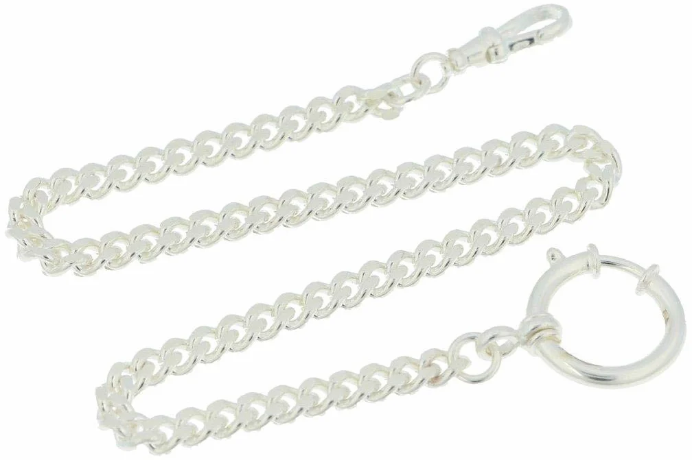 Taschenuhrkette echt 925 Silber u. a. für Taschenuhren, 30 cm lang Flachpanzer 5 mm mit Federring und drehbarem Karabiner