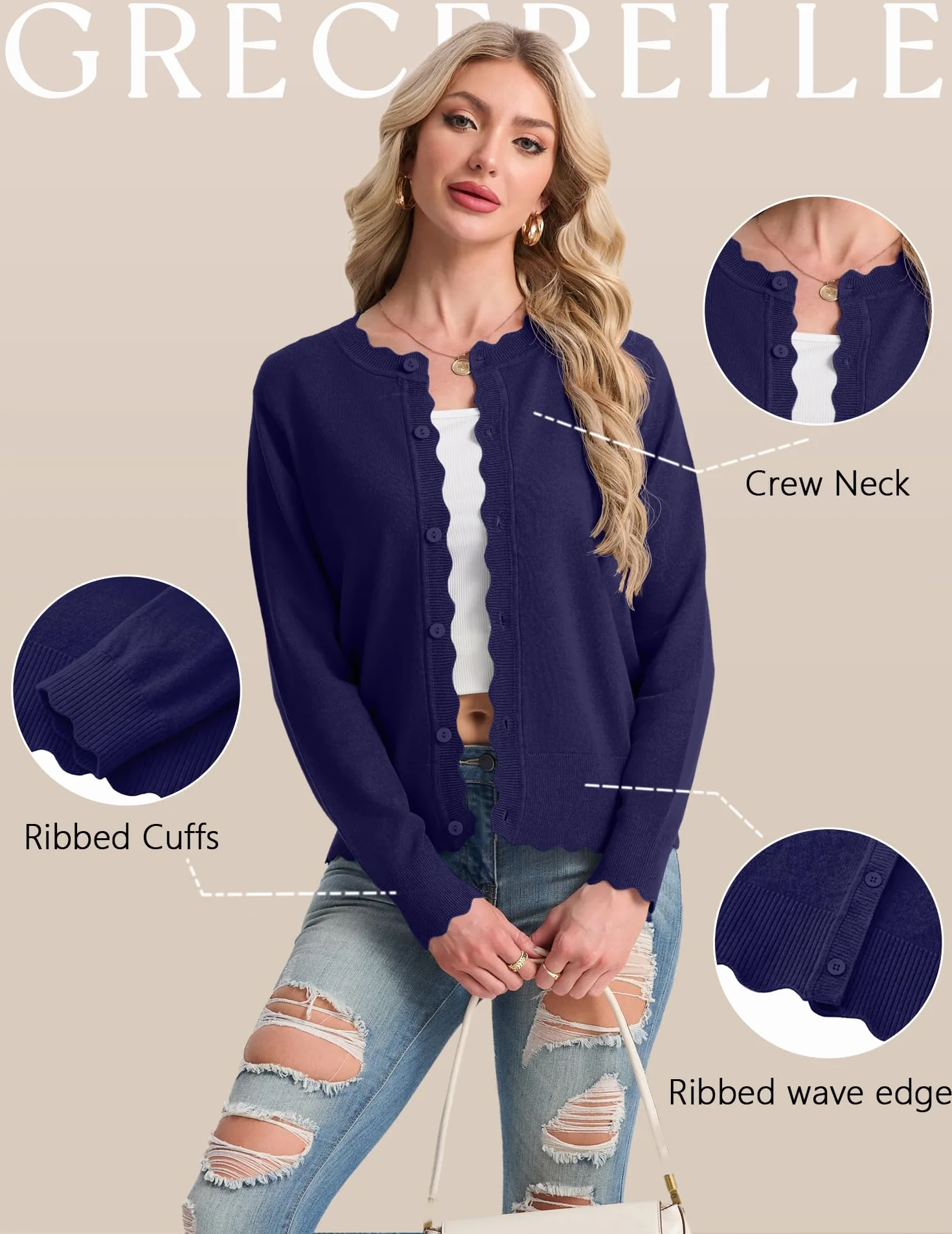 GRECERELLE Strickjacke Damen Kurz mit Rundhals und Knöpfen Leichte Langarm Cardigan Casual Wellenförmiger Rippensaum Strickjacken für Damen