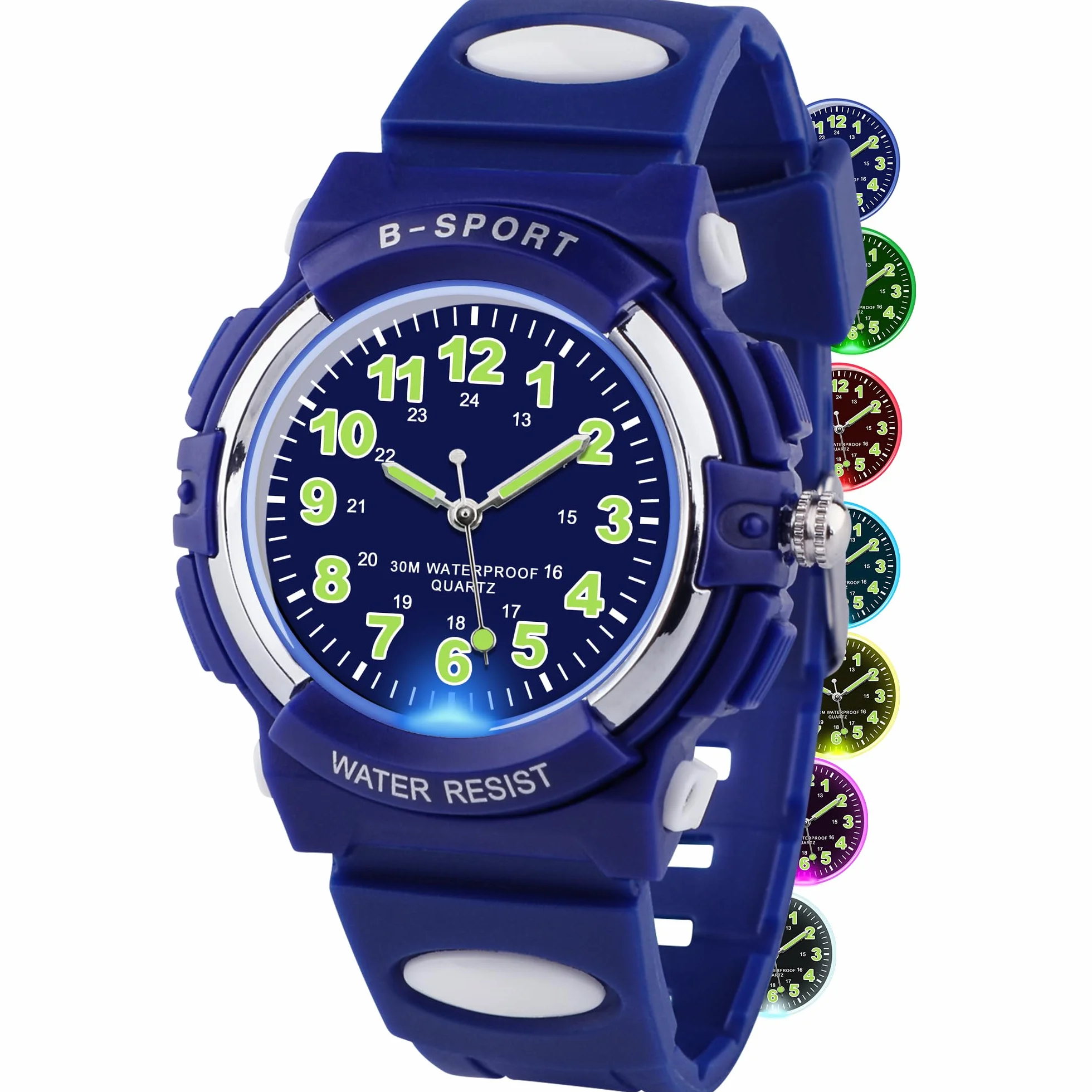 Analoge Kinderuhr mit Bunten Lichtern für Jungen und Mädchen, 30M wasserdichte Lernuhr TPU Armband Outdoor Sportuhr für 5-16 Jahre