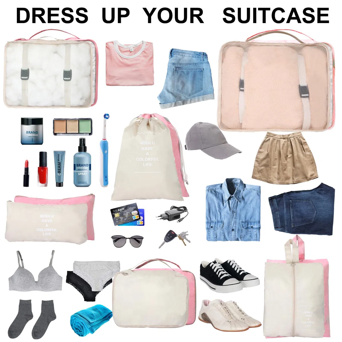 14-teilige Zweifarbige Koffer Organizer, Kofferorganizer Reisezubehör – Packwürfel, Packing Cubes & Packtaschen, Ordnungssystem für Koffer bei Urlaub & Reisen (14, Navy & Pink)