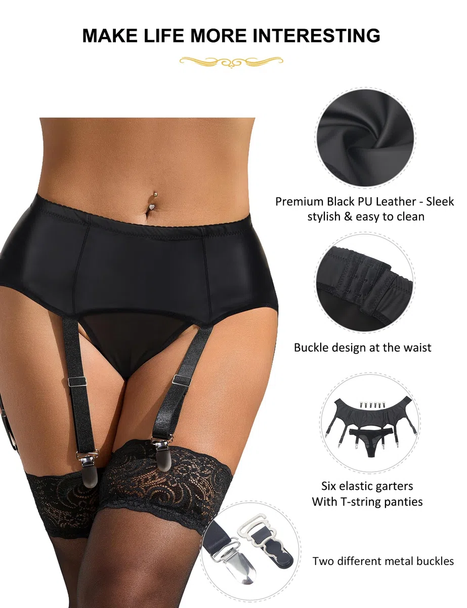 Strumpfhalter Damen Sexy Leder Strapsgürtel mit 6 Halter Große Größen Strapshalter Metallclips Ersatz Dessous Strapsen Set Curvy Unterwäsche mit Tanga Garter Belt