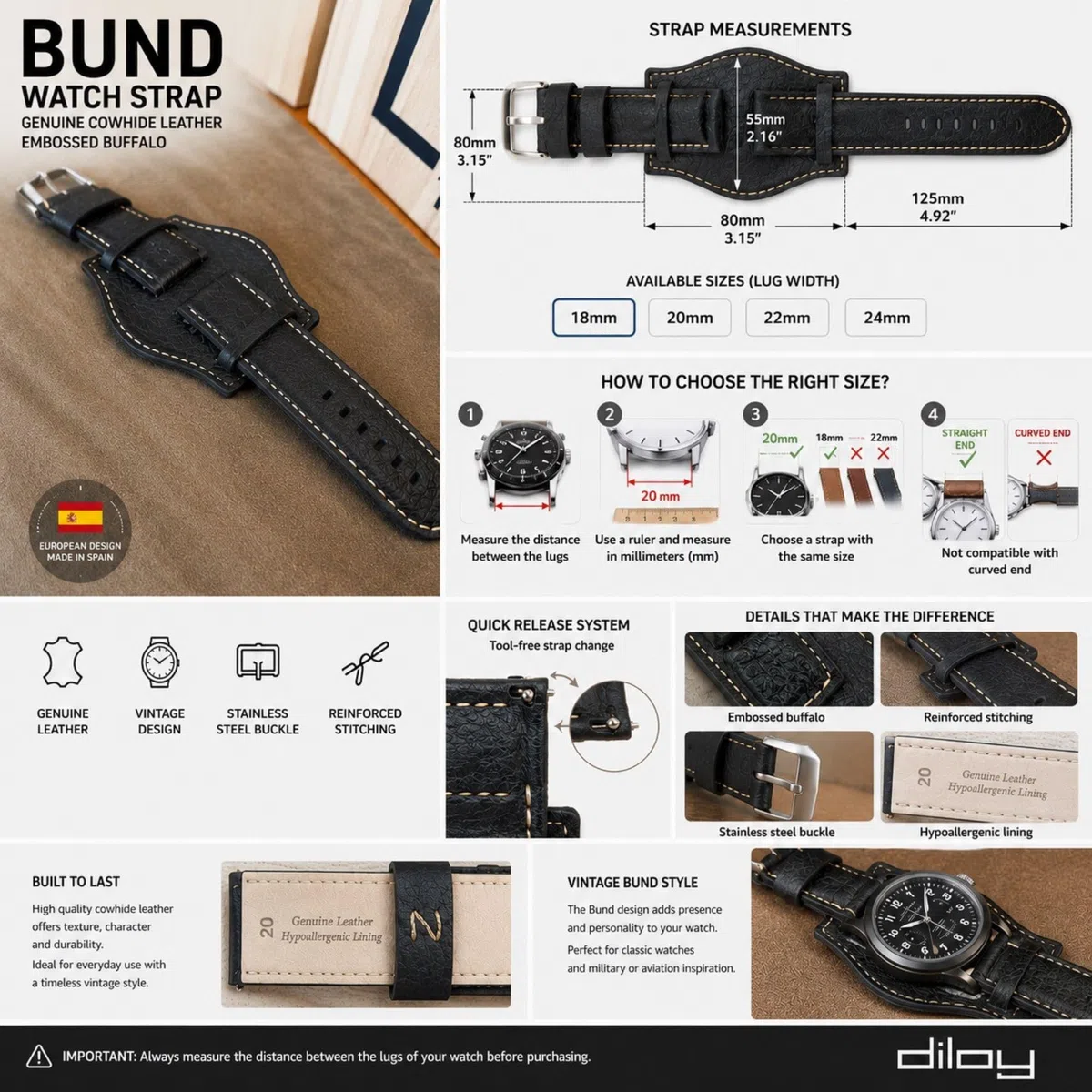 Uhrenarmband aus Leder Bison-Gravur Bund kompatibel mit Fossil CH2592 CH2564 CH2565 CH2891CH3051 18mm 20mm 22mm 24mm Ref 386