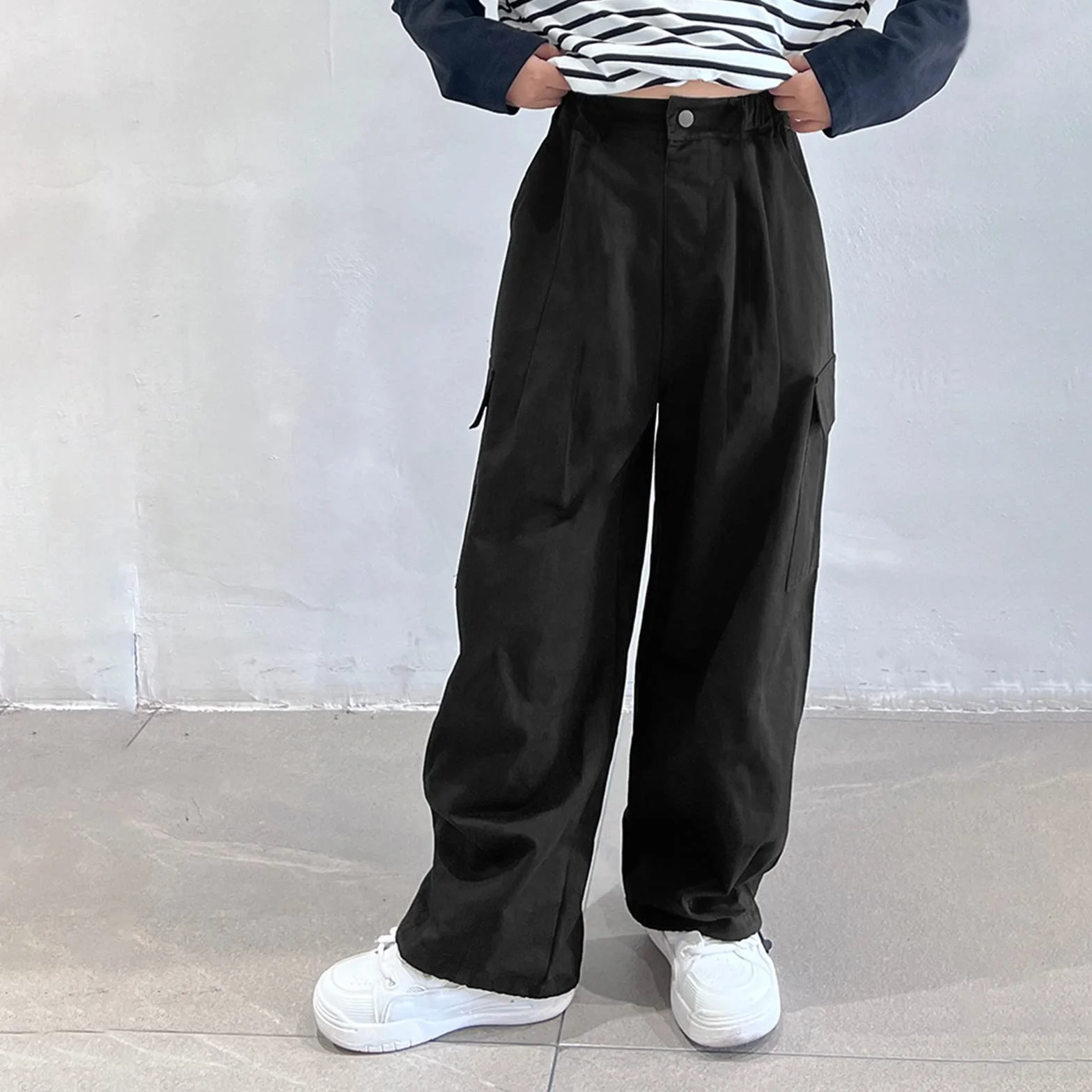 Rolanko Mädchen Cargohose, Baumwoll Baggy Hose mit Elastischer Taille und Mehreren Taschen für Kinder von 6–15 Jahre
