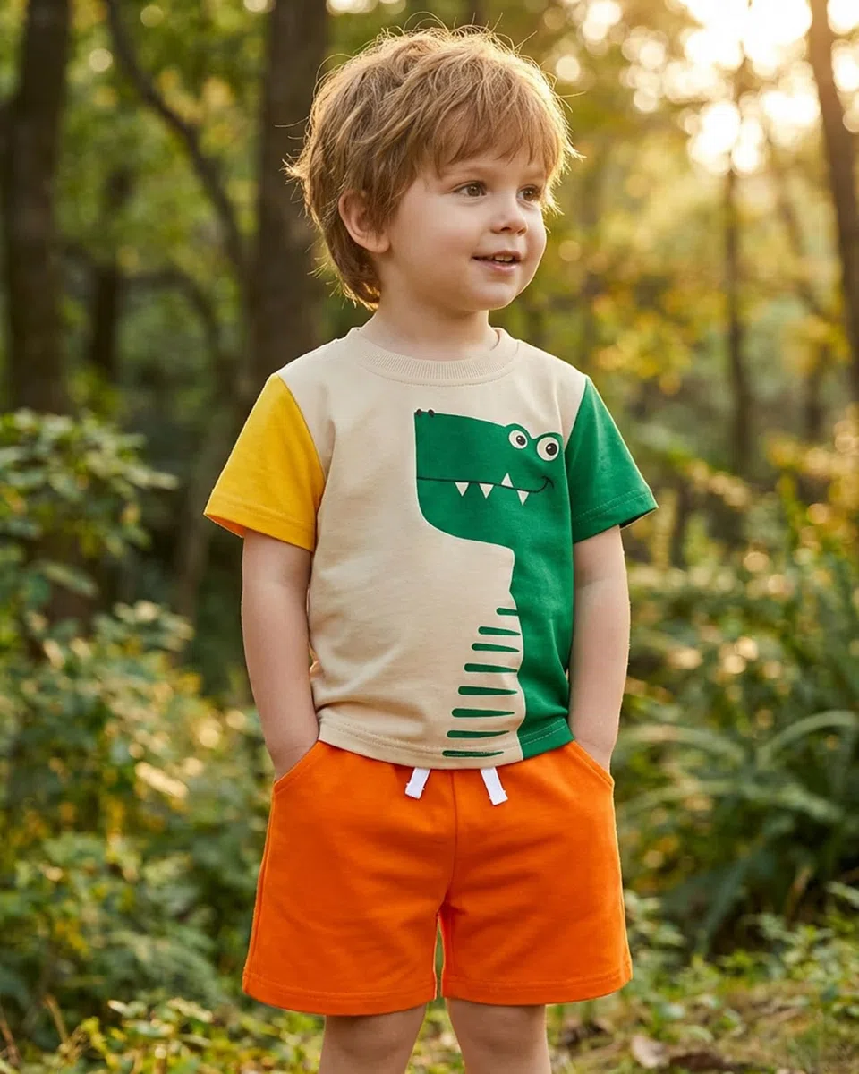 FishingDino Baby Kleidung Jungen Set Gr 86-110, Sommer Kinder Anzug Set Junge mit Dino & Bagger, Kurzarm T-Shirt & Shorts Bekleidungssets für Jungen 1-4 Jahre