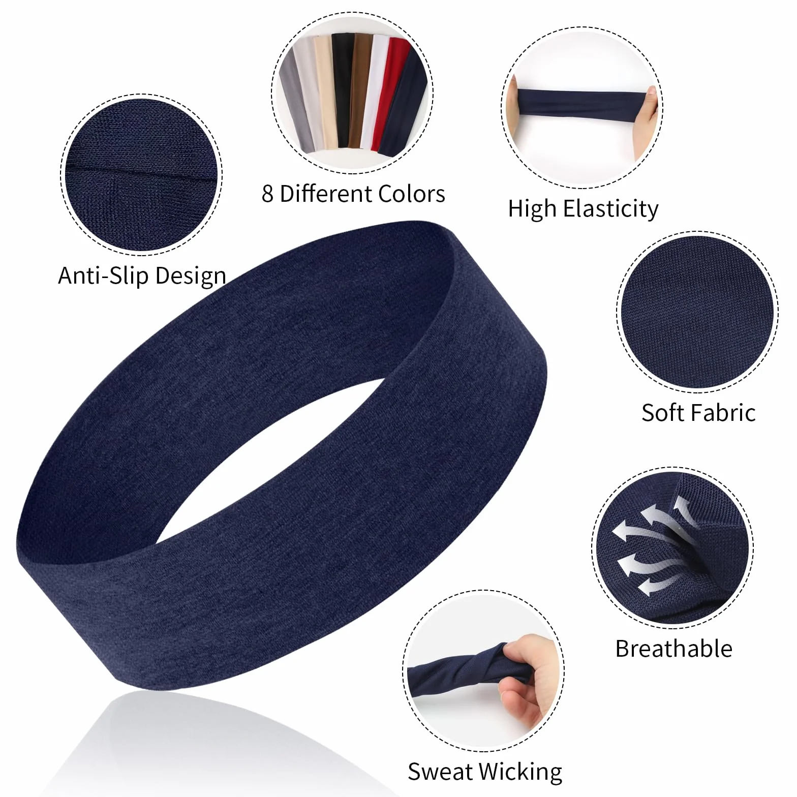 8 Stück Haarband Damen, Stirnband Sport, Schweißband Stirn, Elastische Haarbänder, Breites Haarband, Unisex Anti-Rutsch Stirnband für Laufen, Radfahren, Yoga und Fitness