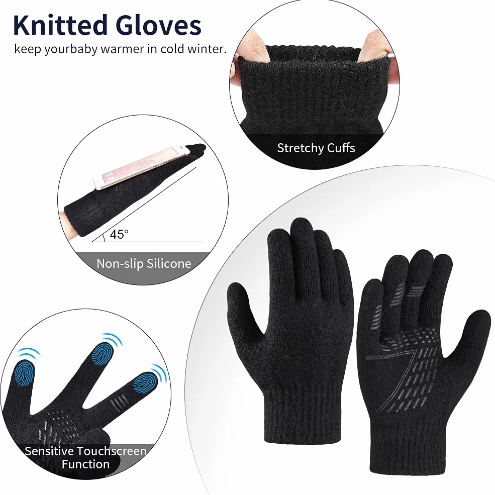 Kinder Wintermütze Schal Handschuhe Set - Beanie Strickmütze Winterschal Thermo Touchscreen Handschuhe | Fleecefutter Warme Knit Hut Loop Schal Rutschfeste | Für Junge Mädchen 5-10 Jahre