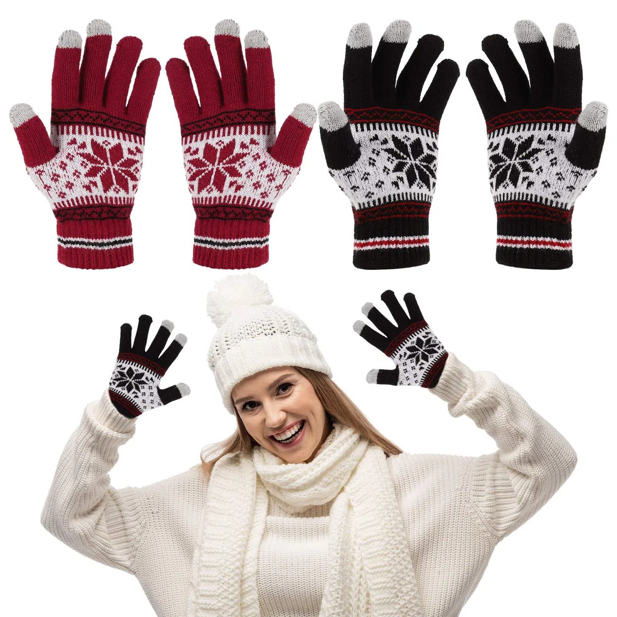 Gitua 2 Paar Touchscreen Handschuhe, Damen Winterhandschuhe Winddichte Strick Fäustlinge Handschuhe für Skifahren Radfahren Wandern