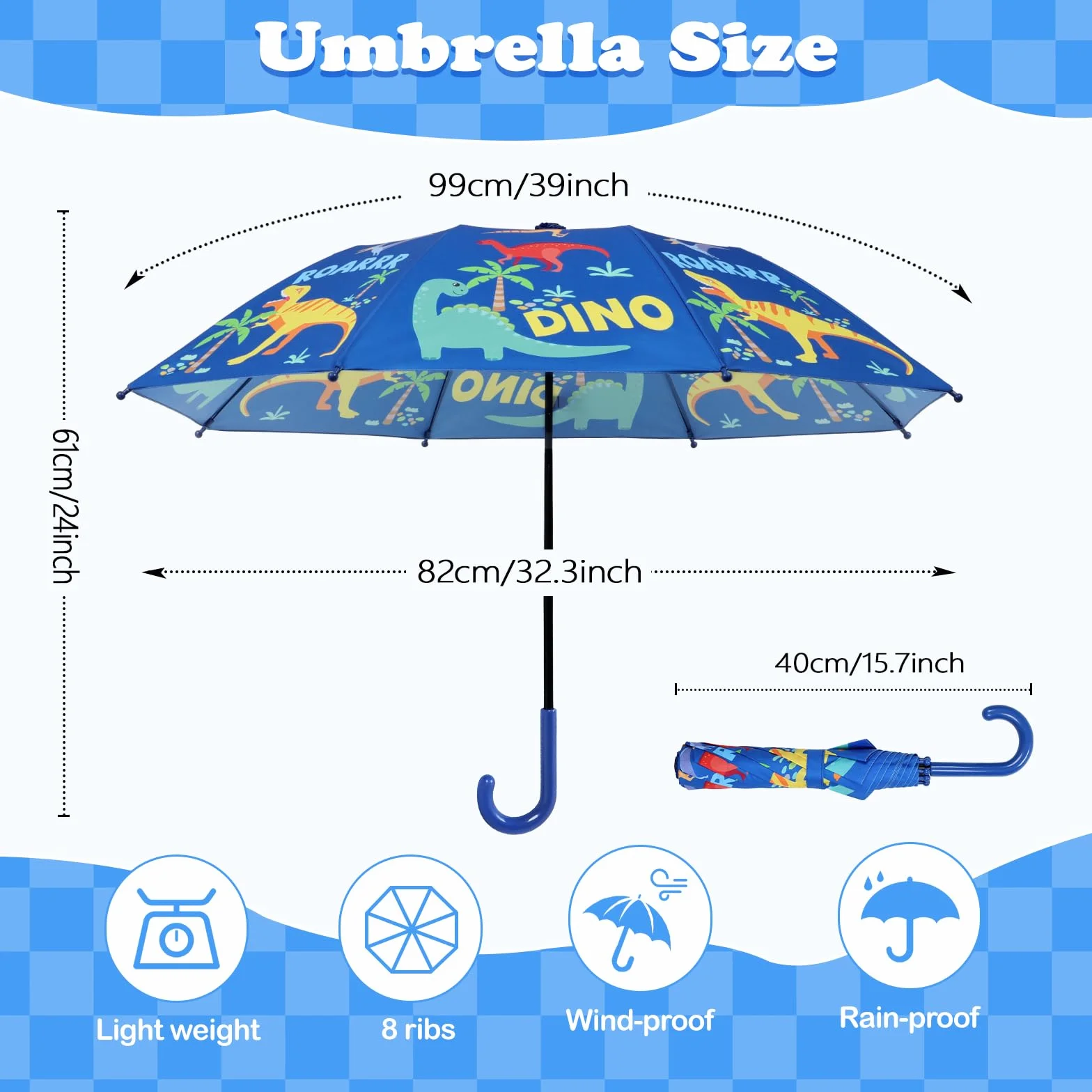 decalsweet Regenschirm Kinder Stockschirm mit Schirmhülle, Windsicher Robustheit Regen Regenschirm, Faltbarer Kinderschirm Taschenschirm für Junge Mädchen Leicht zu Transportieren, Blauer Dinosaurier