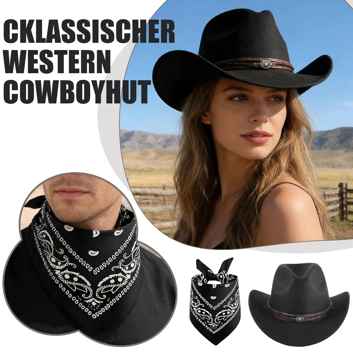 Zweiteiliges Set aus Cowboyhut und Kopftuch für Damen und Herren, Vintage-Cowboy-Accessoires, Outdoor-Hut mit breiter Krempe, ideal für Partys. Das Set enthält einen Vintage-Cowboyhut und ein Kopftuch