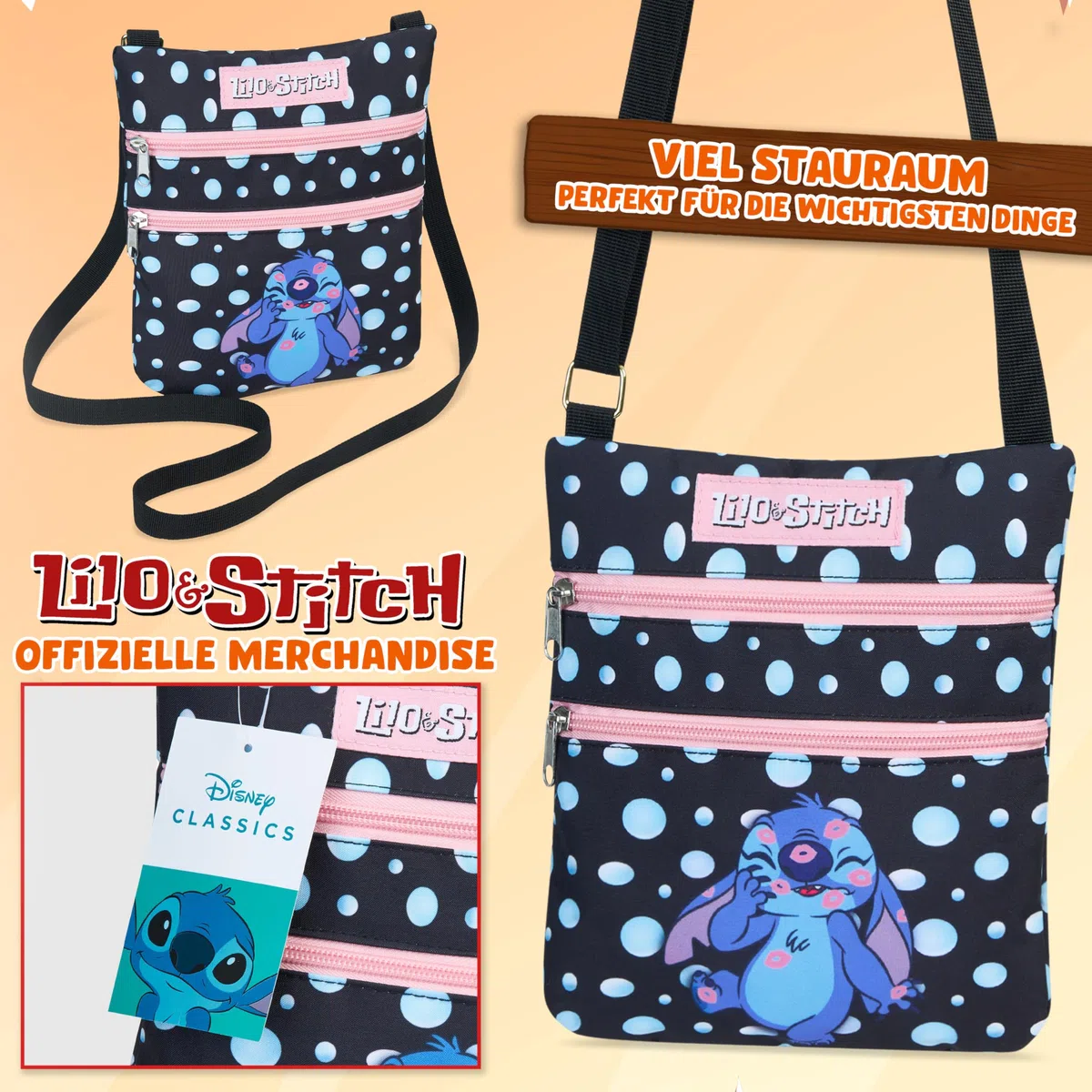 Disney Stitch Umhängetasche Mädchen & Teenager, Handtasche Mädchen mit verstellbarem Riemen, Crossbody Bag für Handy & Geldbörse, offiziell lizenziert