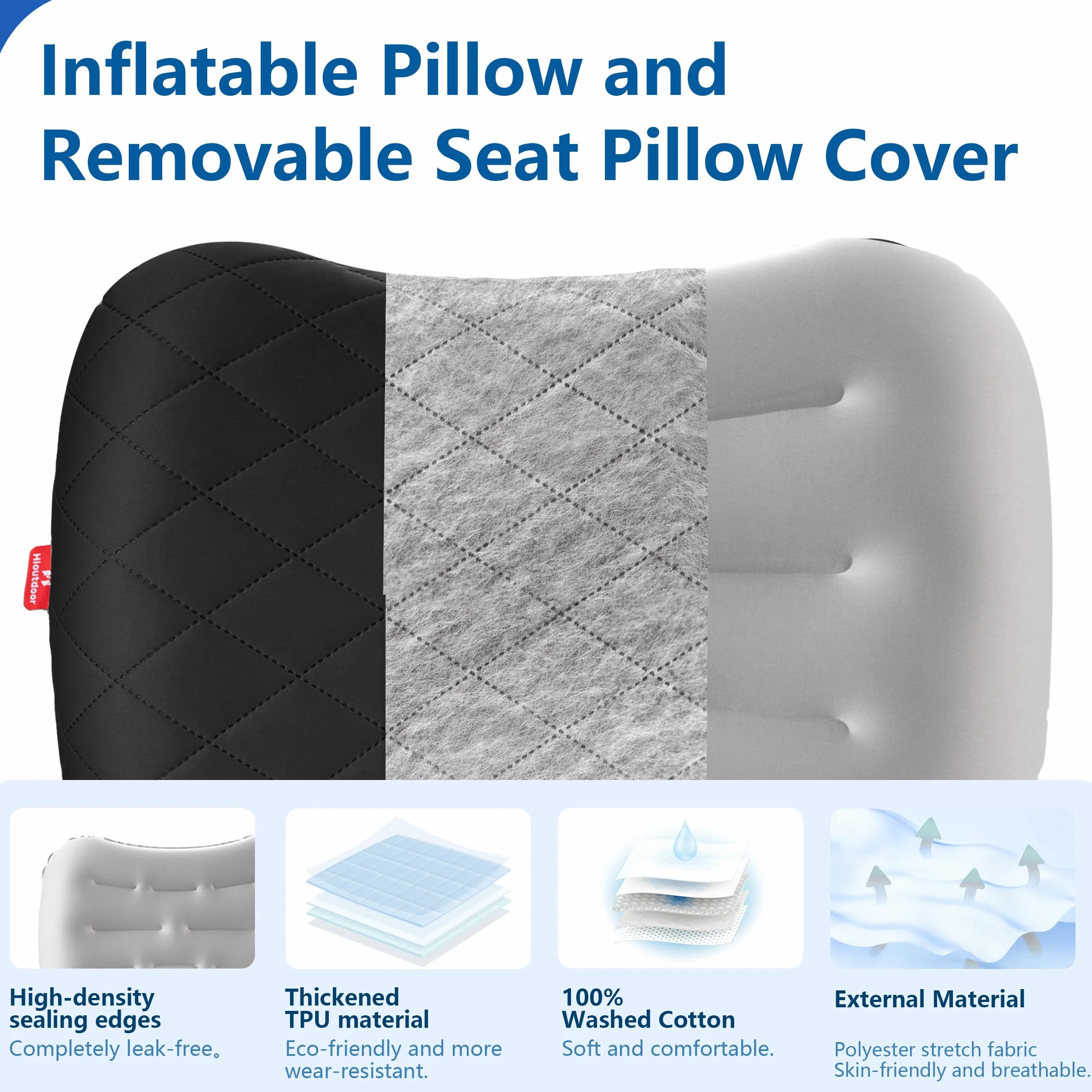 Hioutdoor Aufblasbares Kissen Kopfkissen für Camping mit Abziehbarem Kissenbezug Luftkissen Strand/Outdoor Ergonomisches Reisekissen Inflatable Travel Neck Pillow Bequemes Schlafkissen (Schwarz)