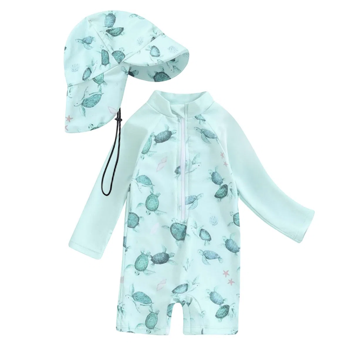 UV Badebekleidung Baby Badeanzug mit Sonnenhut UPF 50+ Schutzkleidung mit Reißverschluss UV Anzug Langarm Cartoon Einteiler Unisex Neoprenanzug Schwimmanzug Badeanzug für Junge Mädchen Badekleider