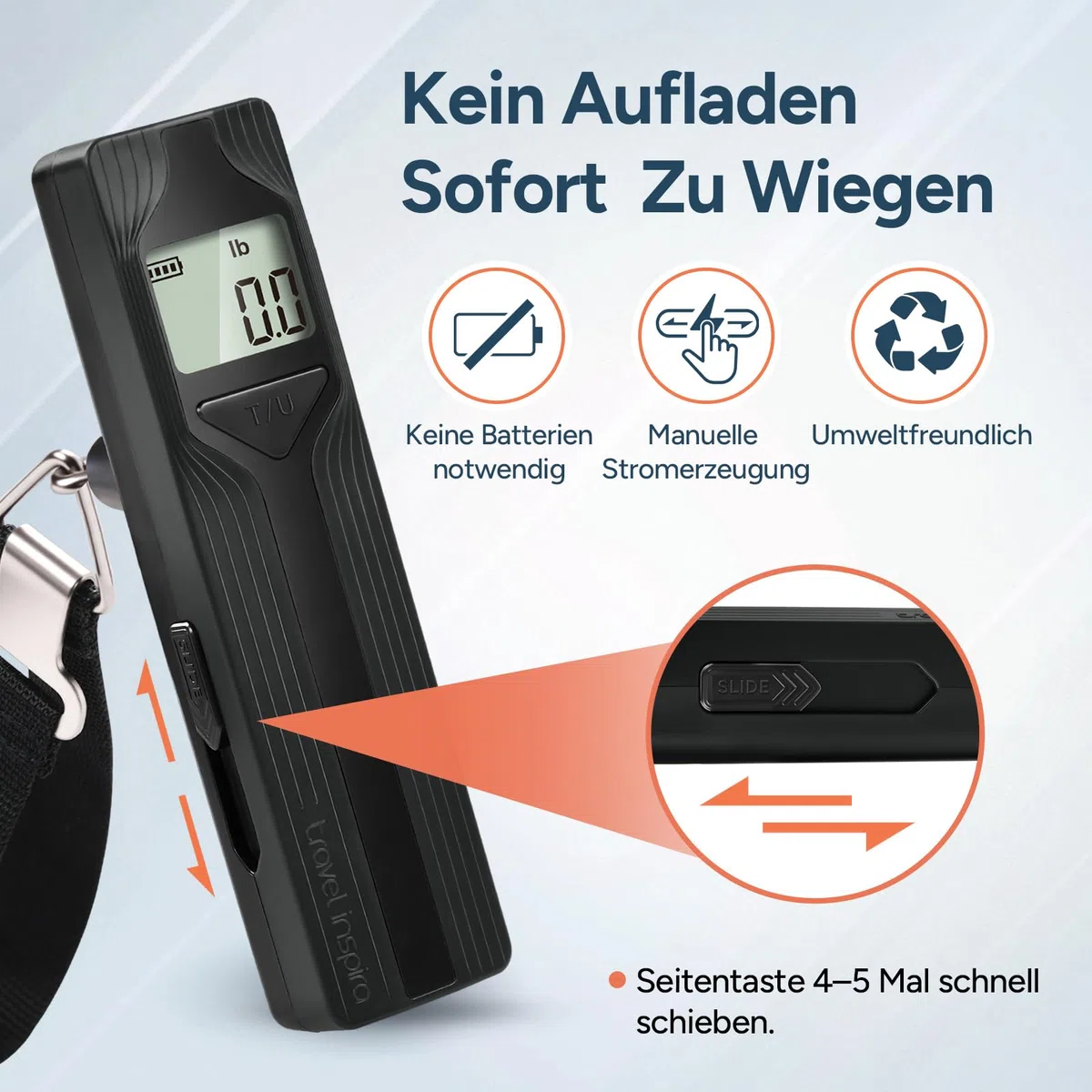 travel inspira Kofferwaage ohne Batterie – Digitale Kofferwaage mit Haken bis 50 kg, Handkurbel-Reisewaage, LCD-Display, Tara & Hold-Funktion (Schwarz)