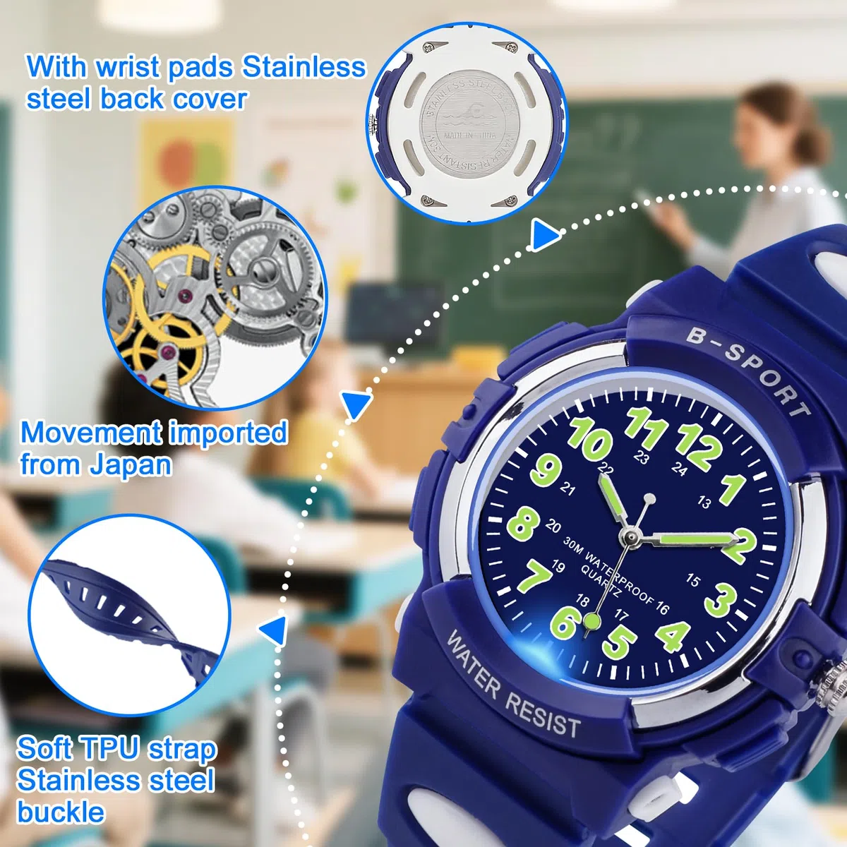 Analoge Kinderuhr mit Bunten Lichtern für Jungen und Mädchen, 30M wasserdichte Lernuhr TPU Armband Outdoor Sportuhr für 5-16 Jahre