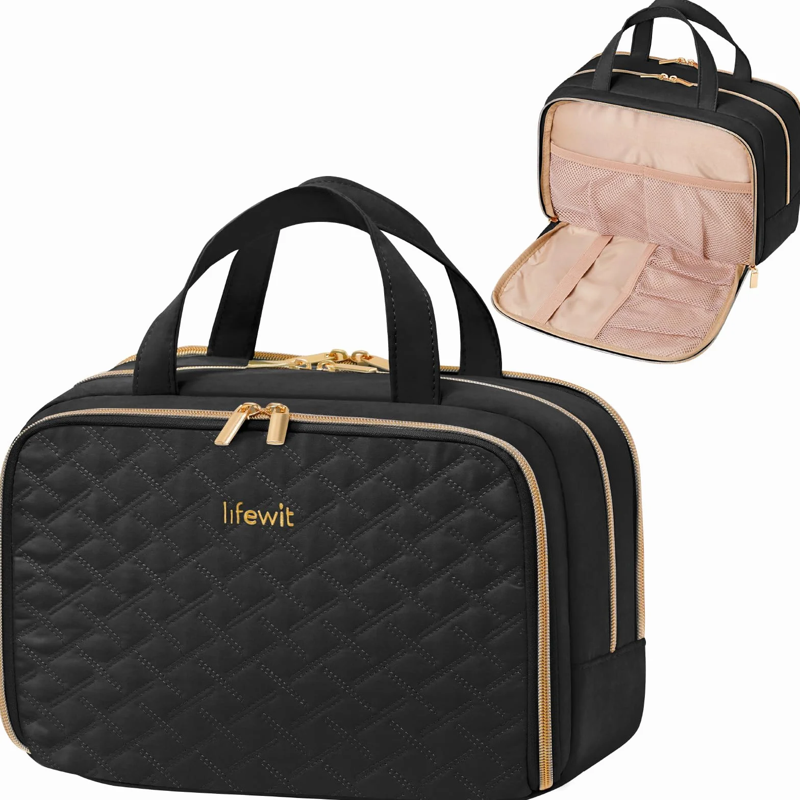 Lifewit Reise Kulturtasche Damen, 10L Groß Wasserabweisende Kulturbeutel mit Nassfach, Tragbare Schminktasche Waschtasche Organizer für Make up, Zubehör, Shampoo, Oilettenartikel, Alltag, Schwarz