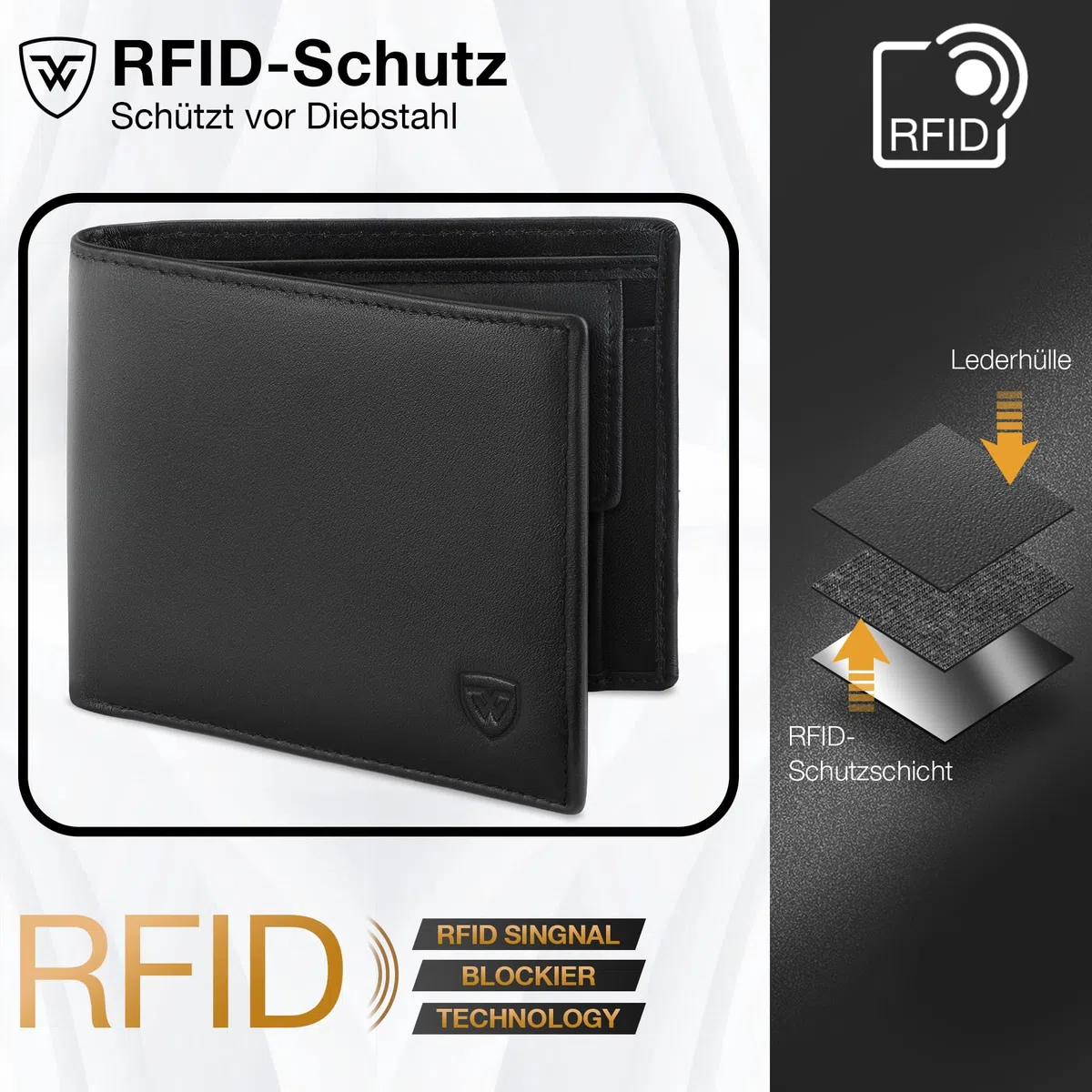 WONSEFOO Geldbörse Herren Leder mit RFID Schutz | Portmonee Slim mit 9 Kartenfächer Wallet Portemonnaie Herren Klein mit Münzfach | Geldbeutel Schwarz