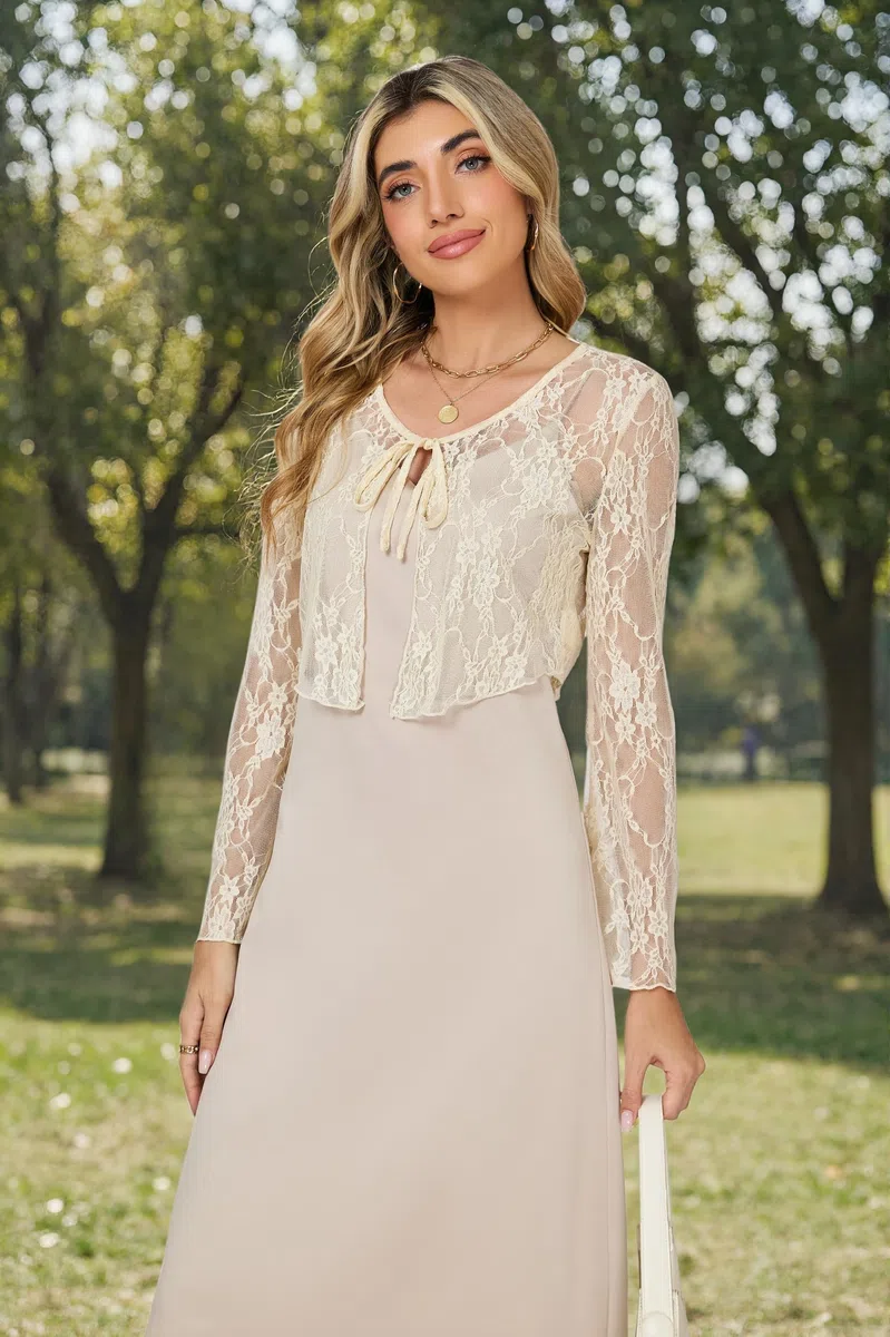 Damen Bolerojacke Elegnat Festlich Spitzen Bolero mit Bindeband Langarm V Ausschnitt Cardigan Jäckchen über Kleid