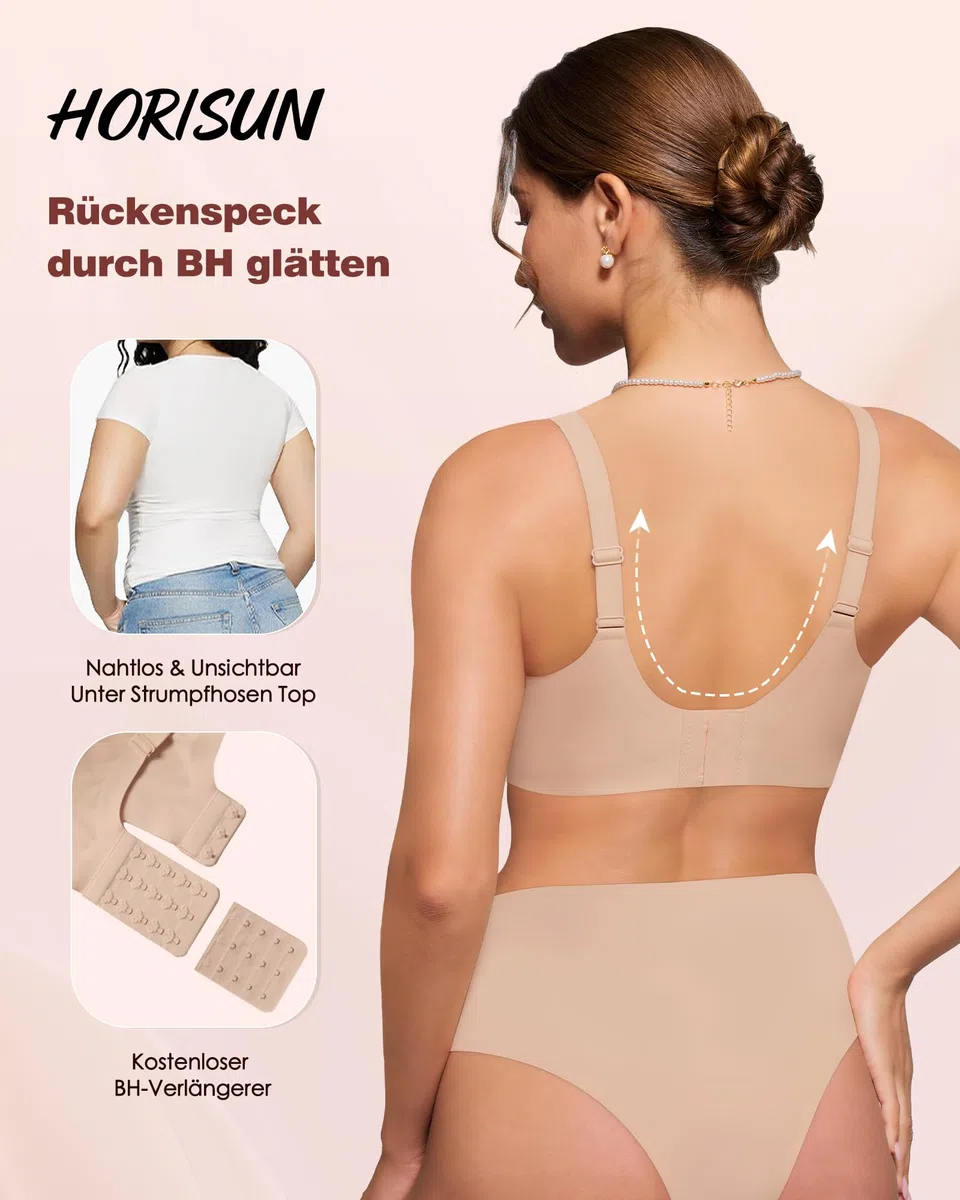 HORISUN Eleganter Bügelloser BH Damen Nahtloser Push Up V-Ausschnitt mit Wellrand T-Shirt BH Gepolsterte Körbchen Verstellbare Träger Jelly BH Alltag
