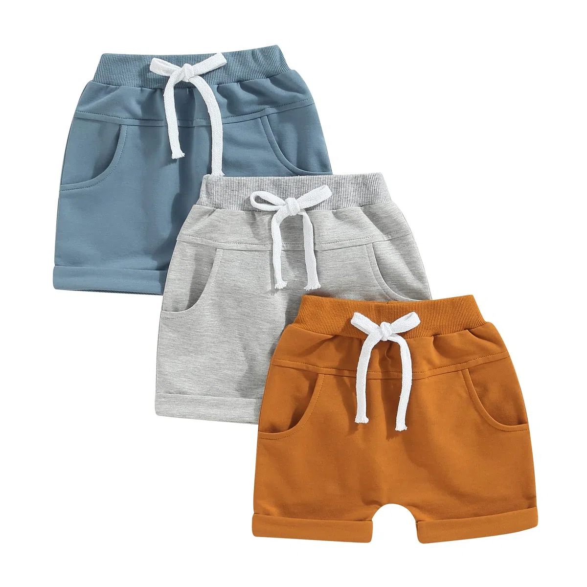 3er-Pack Unisex-Shorts für Neugeborene, Kleinkinder, Jungen, Kordelzug-Shorts, Baby-Jogger-Shorts mit Taschen, einfarbige Kordelzughose, Baby-Sommerkleidung