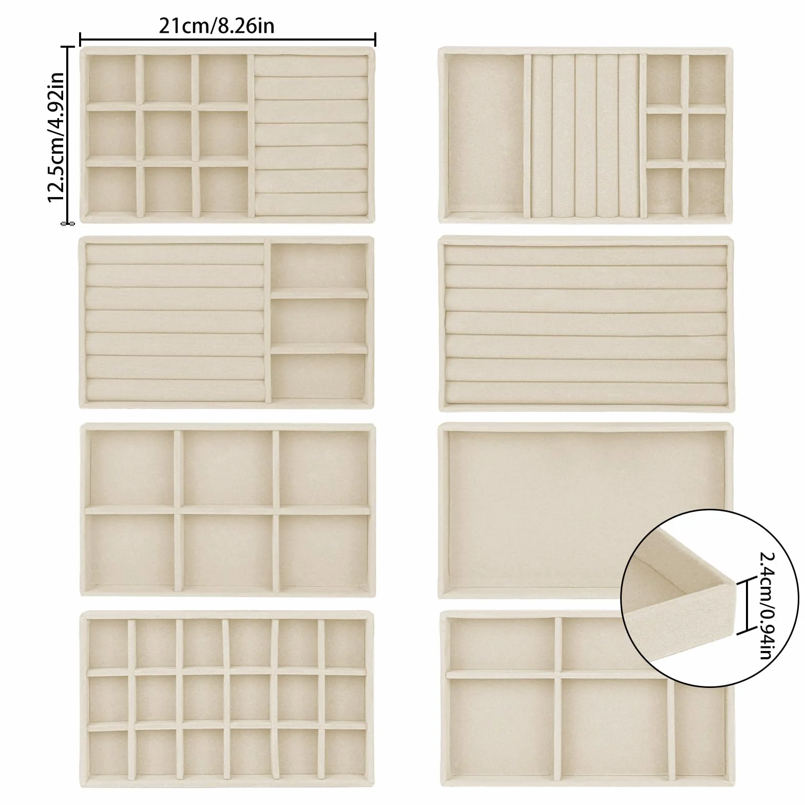 8 Stück Schmuckaufbewahrung Schublade, Schmuck Organizer Schublade, Schmucktablett, Schmuckeinsatz für Schubladen, Stackers Schmuckkasten, Samt Jewelry Organizer für Ohrringe (Beige)