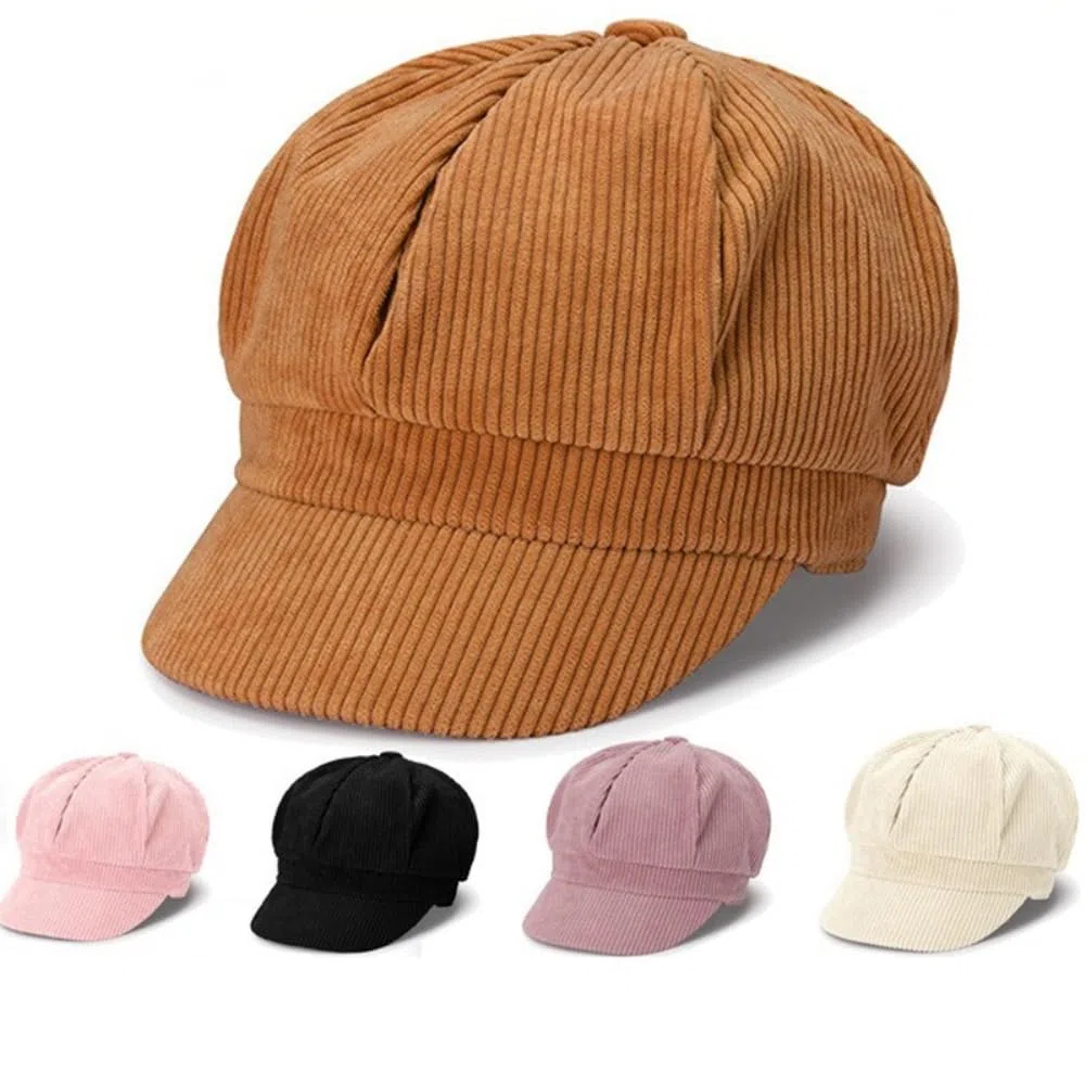 Schirmmütze Barett Mütze Winter Mütze Achteckige Kappe Cord Newsboy Caps Baskenmütze Maler Hüte Ballonmütze Warm Hüte Reisehut Malerhut für Frauen Frühling Herbst,1 Stück,Schwarz