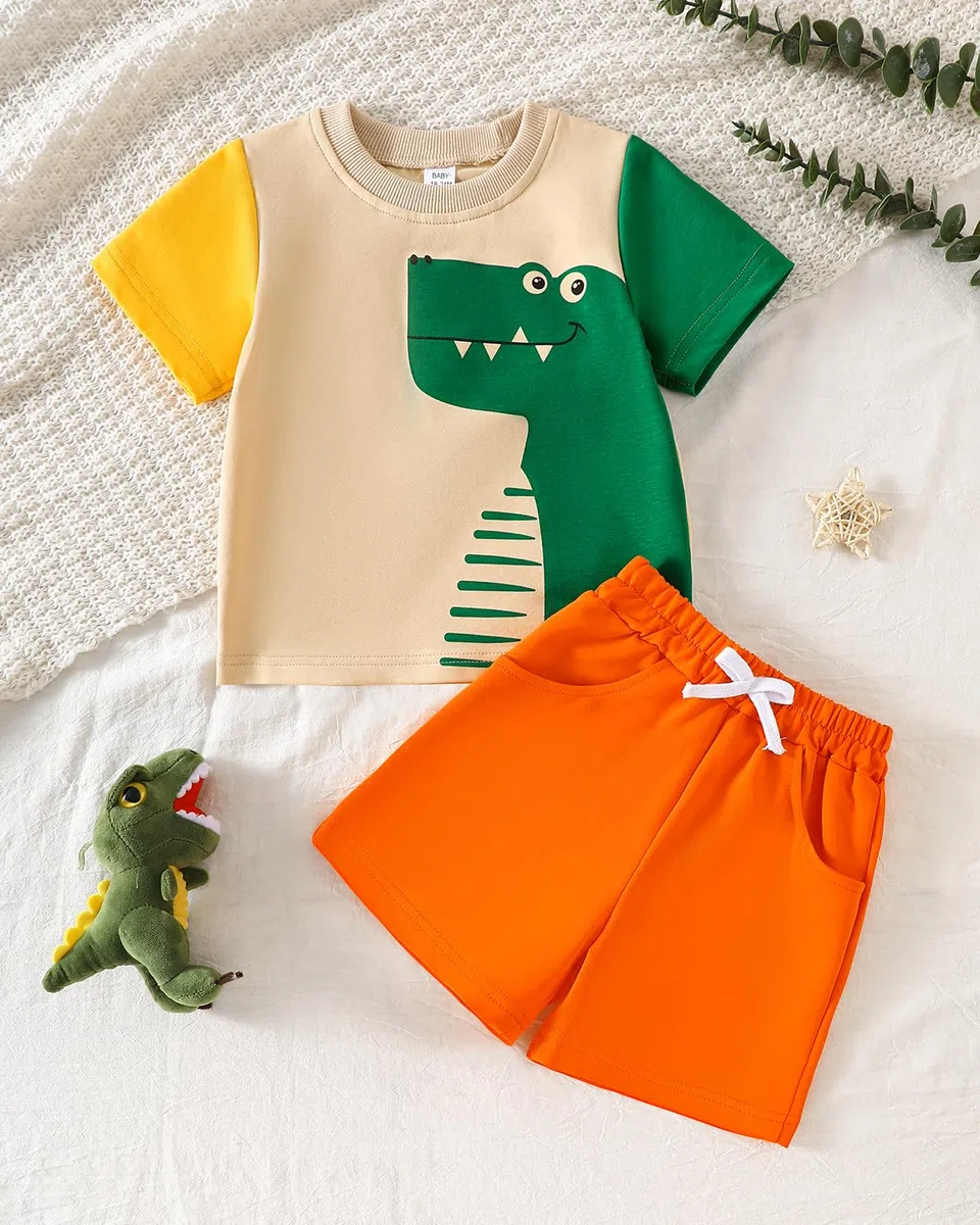 FishingDino Baby Kleidung Jungen Set Gr 86-110, Sommer Kinder Anzug Set Junge mit Dino & Bagger, Kurzarm T-Shirt & Shorts Bekleidungssets für Jungen 1-4 Jahre