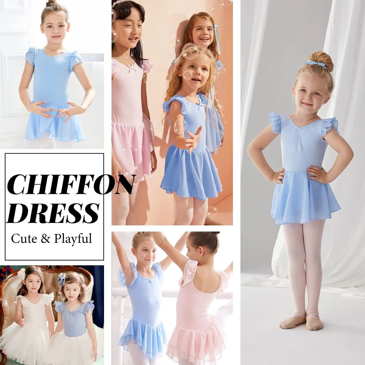 Ballettkleidung Mädchen Ballettkleid Kurzarm Tanzkleid Balletttrikot aus Baumwolle mit Chiffon Rock Tütü 2-11Jahre 90-150 cm