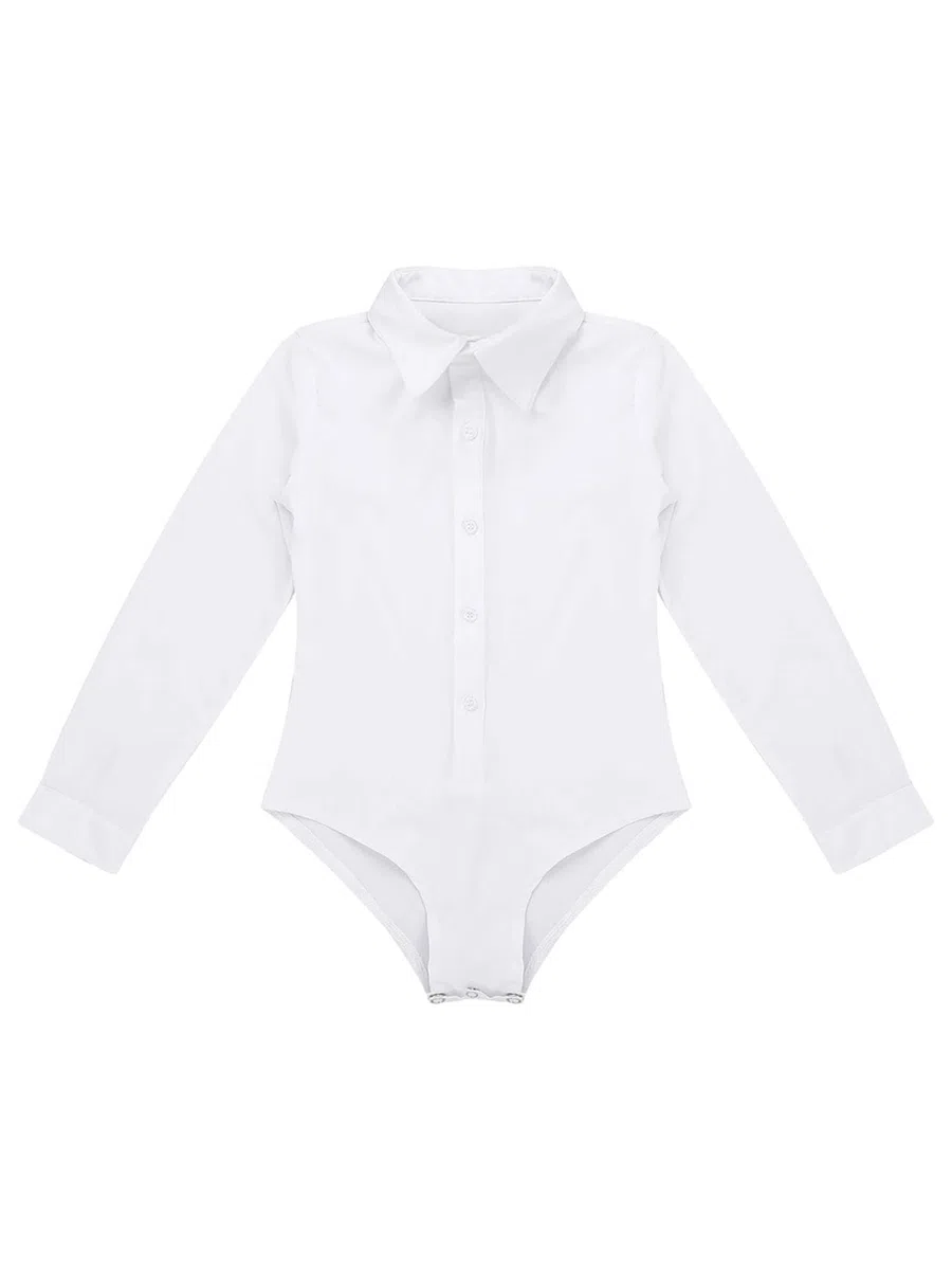 Kinder Jungen Body Langarm Strampler Overall Slim Fit Hemd Langarmbody Tanzhemd Latein Ballsaal Tanzkostüm Weiß 146-152