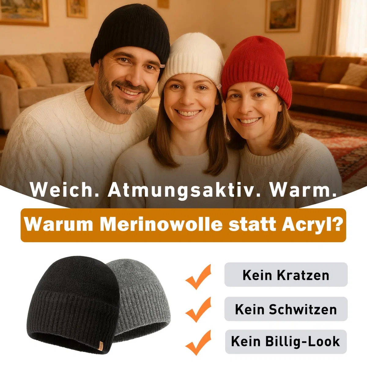 TOP-EX XL/XXL 100% Merinowolle Beanie Mütze, Wintermuetze Wollmütze Herren Damen, Strickmuetze Fisherman Beanie Trawler Mütze Warme Fleece Futter