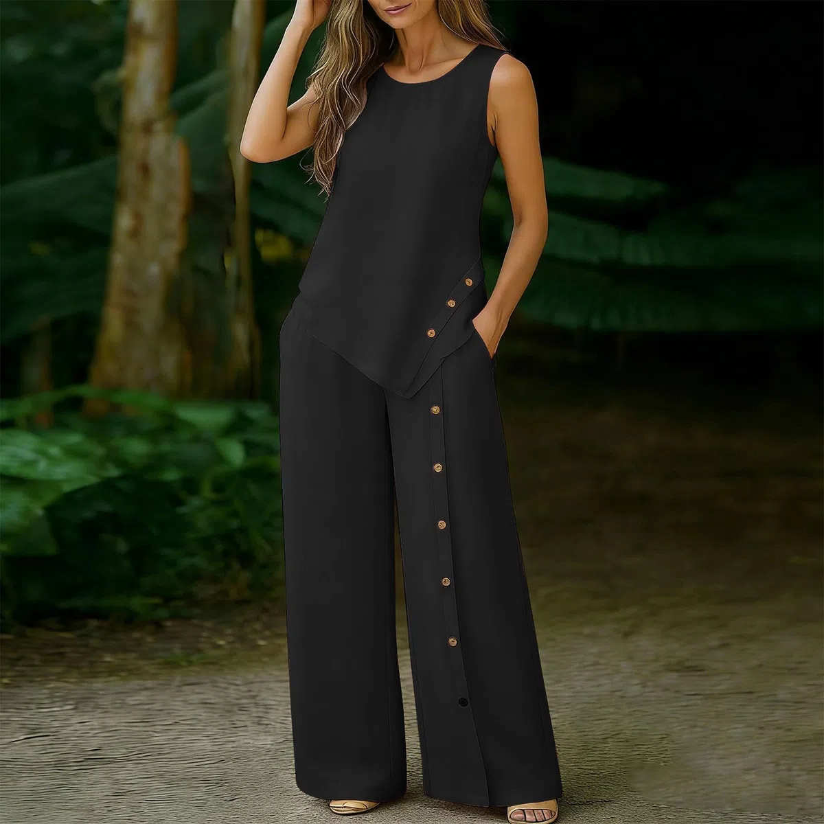 Damen Baumwolle Leinen Lounge Set Aermellos Rundhals Tank Top Weite Hose Sommer Zweiteiler Laessig Strand Outfit Naturfreundlich Bequem Sommer Casual Style