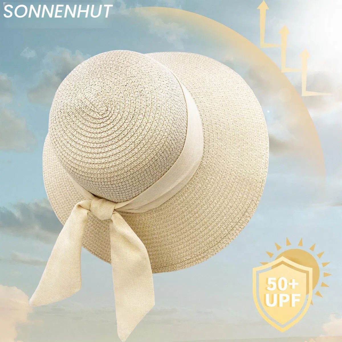 Strand Sonnenhut Damen, Strohhut Sommer Faltbar mit Breite Krempe, Bowknot Strohhüte Sommerhut Leicht für Strand Urlaub Reise