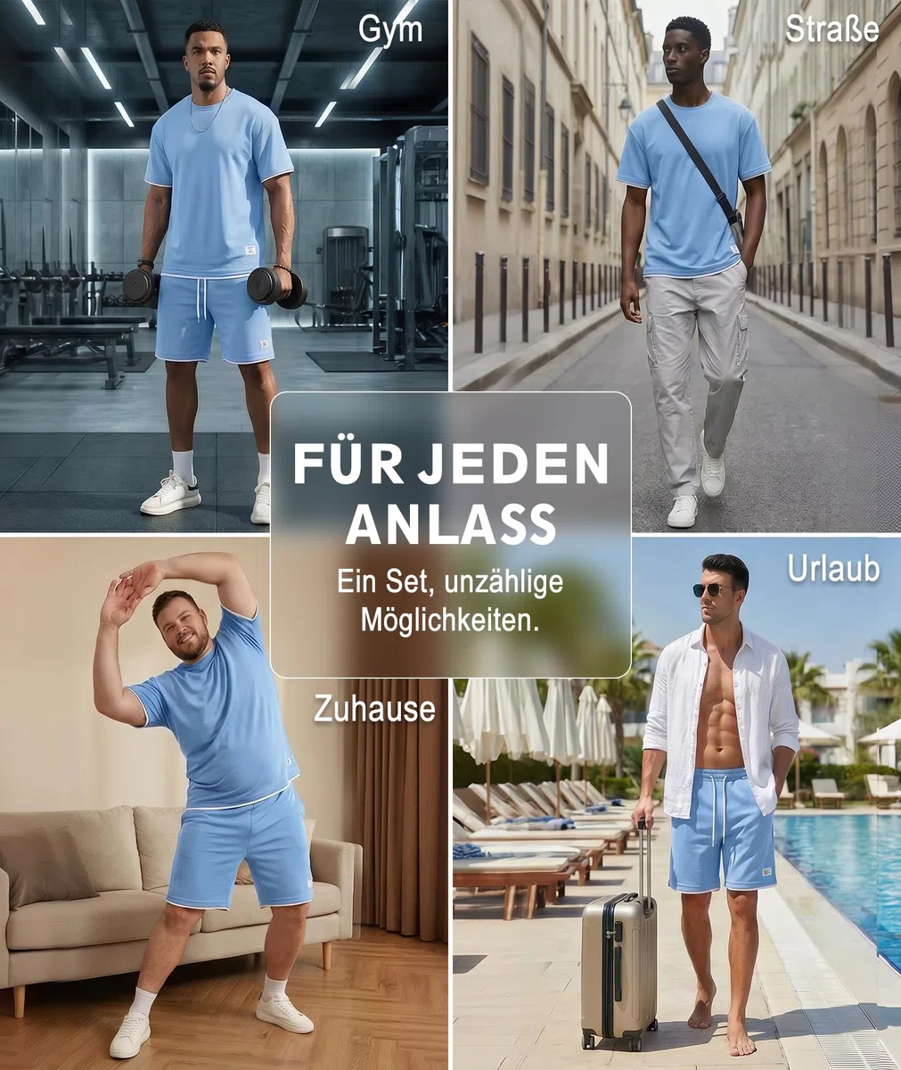 Elainone Herren Sommer Set T-Shirt & Shorts Kurz Trainingsanzug 2-teiliges Set 95% Polyester 5% Elasthan