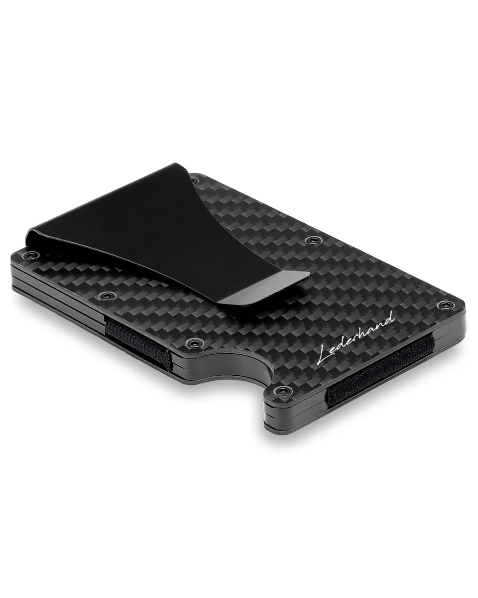 Lederhand® iStrong - Aluminium Mini Kartenhalter mit Geldklammer und Platz für bis zu 10 Kreditkarten - Minimalist Wallet - Geldbörse aus echtem Aluminium mit RFID-Schutz inkl. Geschenkbox | (Carbon)