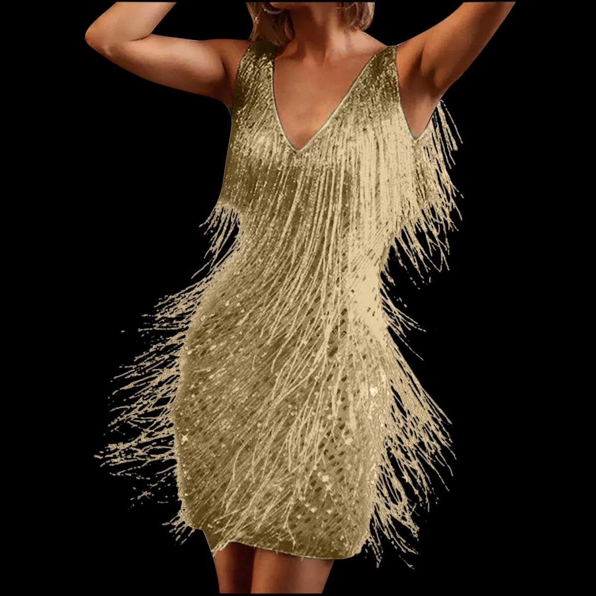 20er Jahre Kleid Damen Pailletten Fransenkleid Spaghettiträger Sexy Kurz Latein Tanzkleid