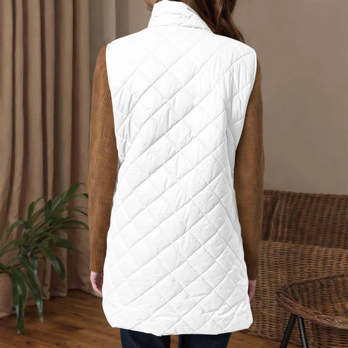 RLEHJN Dünne Steppweste Damen Leicht Lang Stehkragen Schlanke Weste Jacke Bequem Täglich Steppweste Dünner Und Leichter Daunenmantel Winddichte Fleece Damenweste Baumwolle Weste