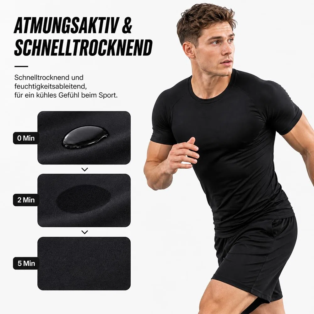 Kompressionsshirt Herren Kurzarm, Atmungsaktives Funktionsshirt Männer, Schnell Trocknendes Laufshirt Sportshirt mit Stretch, Rundhals Muskelshirt für Gym Fitness Running Training
