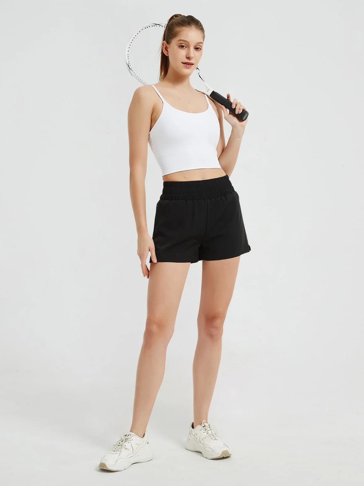Soudittur Badeshorts Damen Badehose Hohe Taille Schnell Trocknende Boardshorts Wassersport 2 in 1 Laufhose Kurz Sporthose mit Reißverschlusstasche