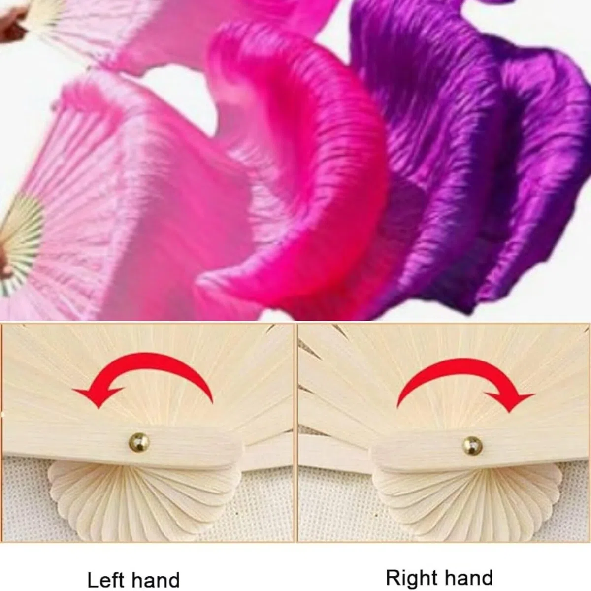 1 Paar Bauchtanz-Fächerschleier aus Kunstseide für Damen, 1,5 m, handgefertigt, Langer Bambusschleier für Tanzauftritte, Links und rechts, 3 Farben.