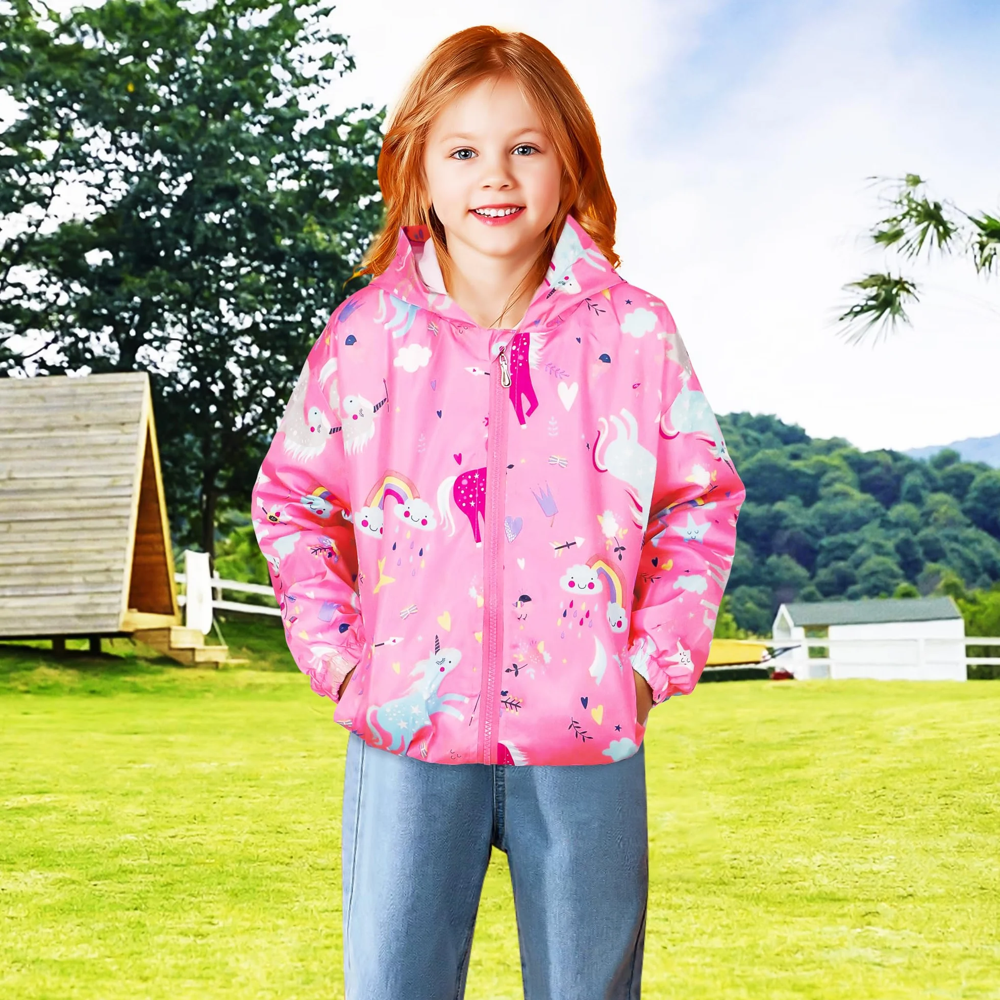 JinBei Jacken Mädchen Jacke Baby Kinder Kapuzen Sweatjacke Kapuzenjacke Cartoon Aufdruck Winddicht Mantel Windjacke Übergangsjack Frühling Herbst Outwear Softshelljacke Regenjacken 1-7 Jahre