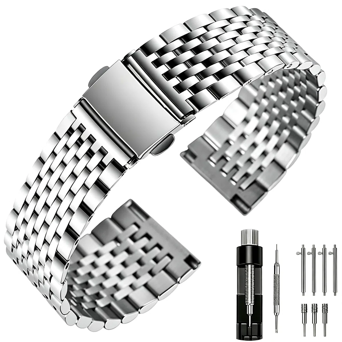 Juntan Edelstahl Uhr Uhrenarmband 20mm für Herren Damen, 9-Perlen schlank poliert Quick Release Uhr Armband, Elegantes Ersatzarmband für traditionelle & Smart Uhren